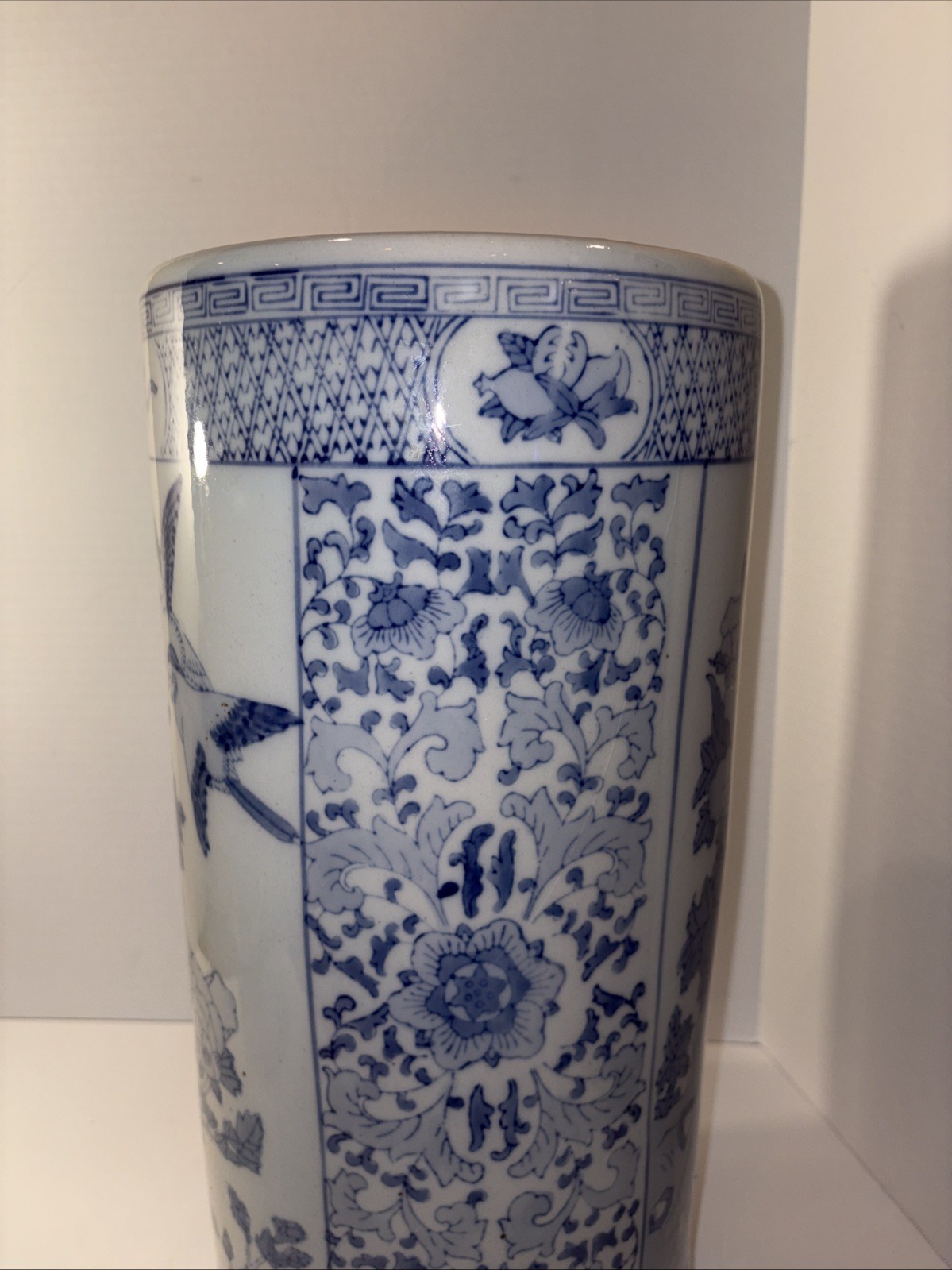 Vintage Umbrella Stand Blue and White Greek Key Chinoiserie Birds Chinese 18”