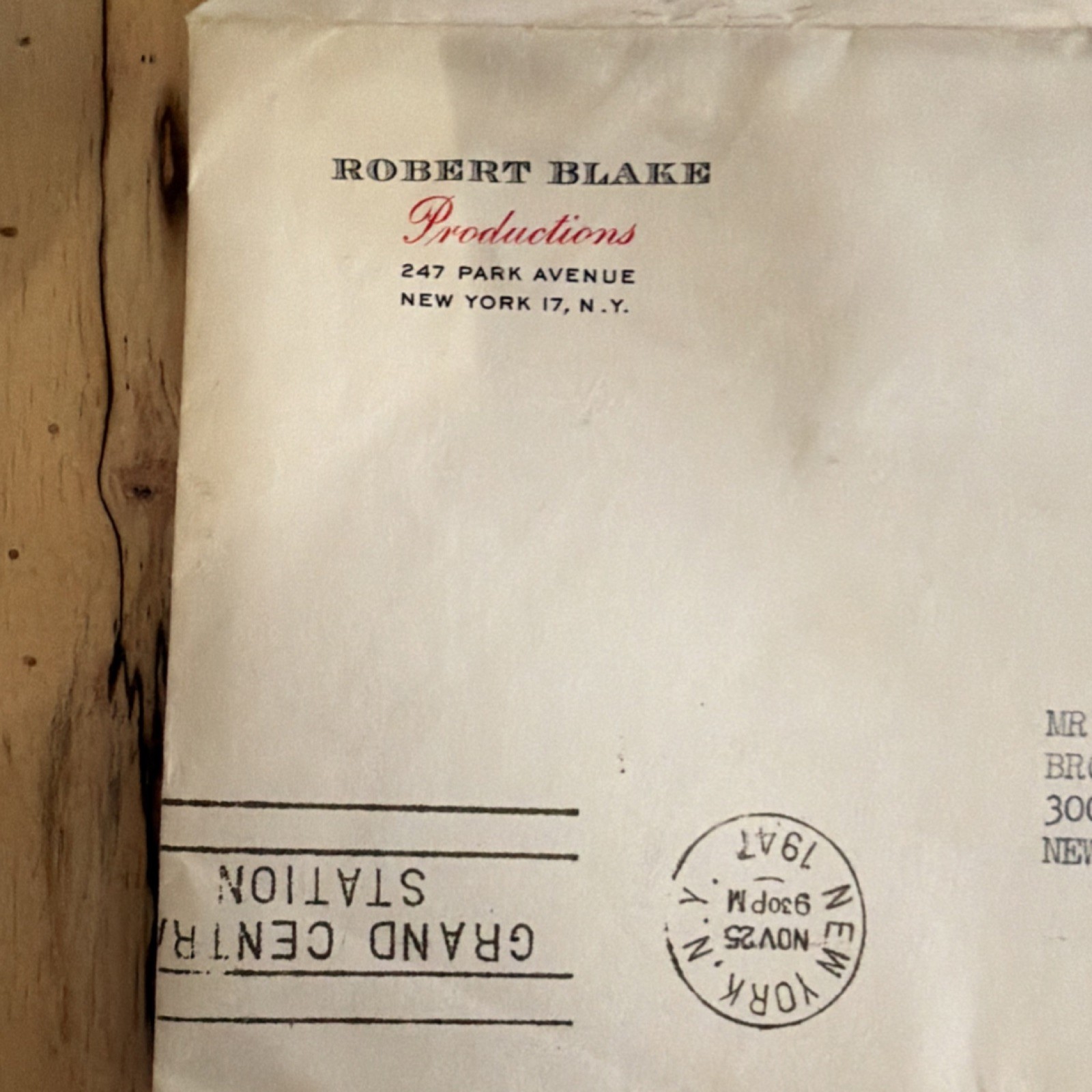 Robert Blake Signed Letter & Envelope 1947 Productions 247 Park Ave New York