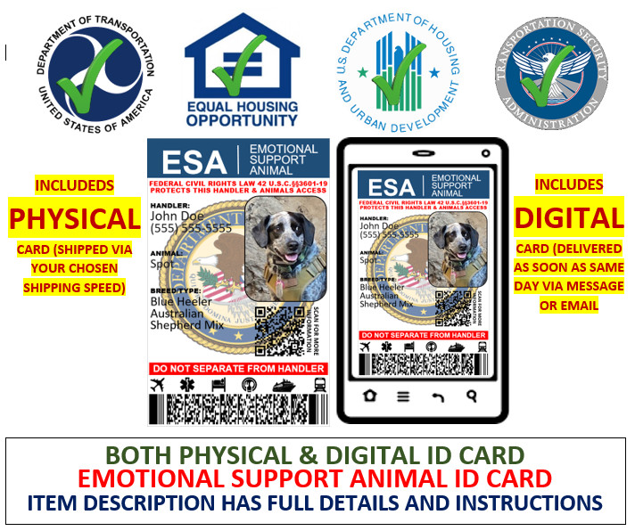 EMOTIONAL SUPPORT ANIMAL ESA ID CARD PLASTIC PERSONALIZED SINGLE SIDED