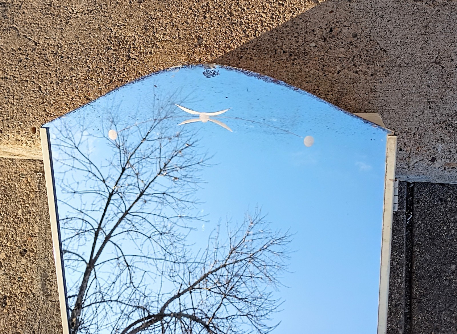 Vintage Metal Wall Mount Medicine Cabinet Arched Door Mirror Etched Lines & Dots