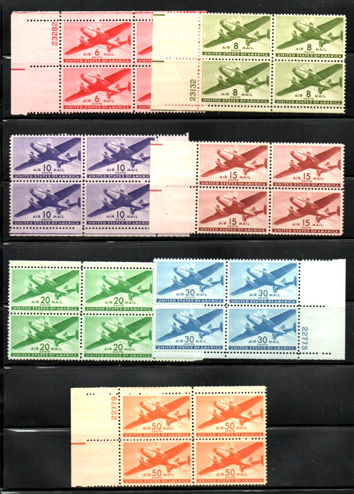 #C 25-C 31 MNH, P/B's OF 4, COMPLETE SET-TWIN MOTORED TRANSPORT PLANE  (1941-44)