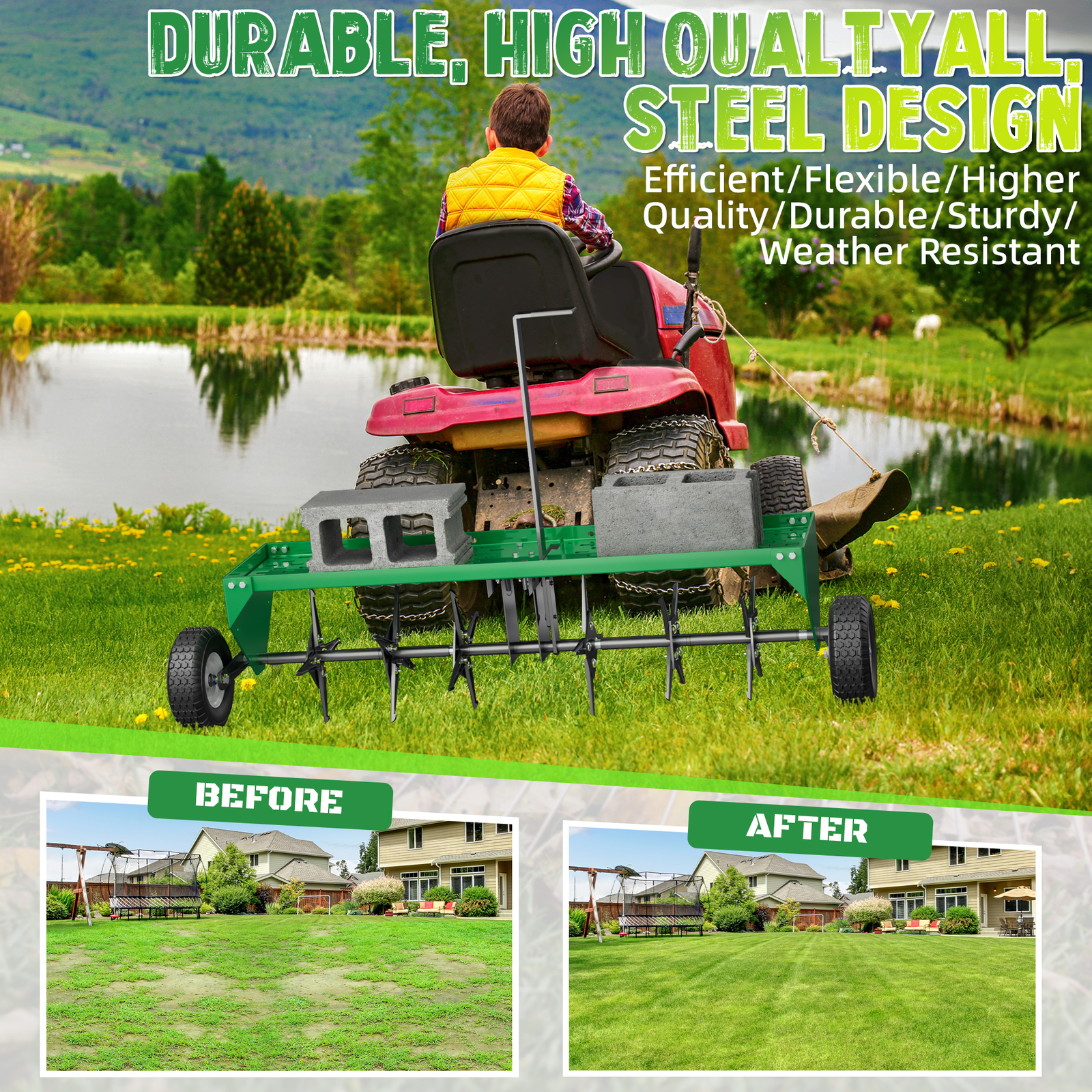 40" 101CM Tow Plug Lawn Aerator Lawn Spike Aerator Lawn& Garden Steel Heavy Duty