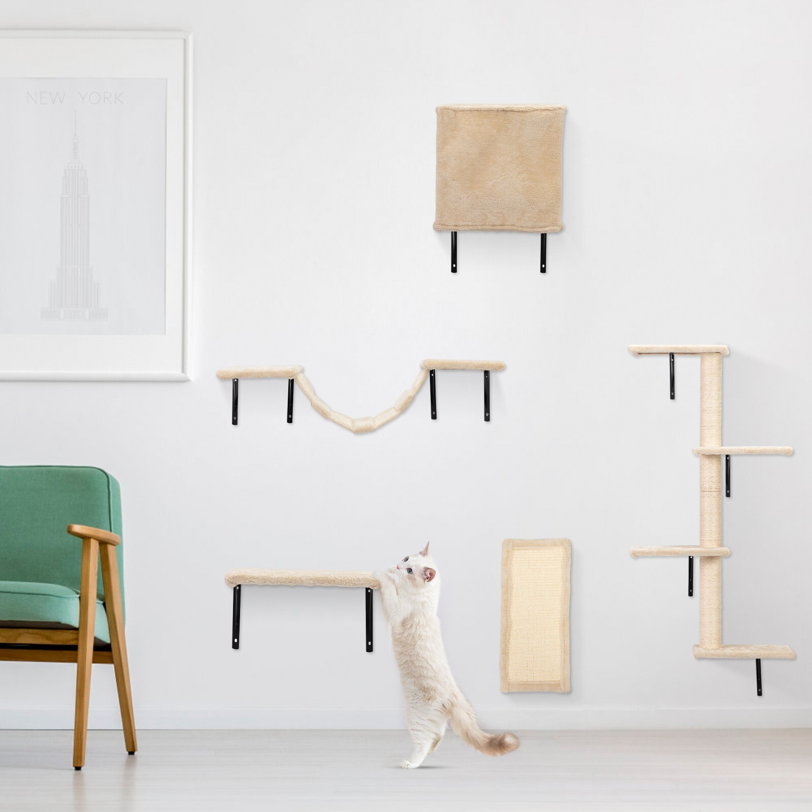 COZIWOW 5 Pcs Wall-Mounted Cat Climber Set Wood Indoor Cat Furniture Cat Shelves