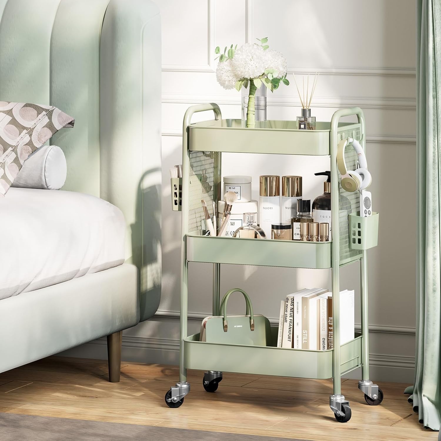 Organizador de almacenamiento con ruedas de 3 niveles, carrito metálico con rued