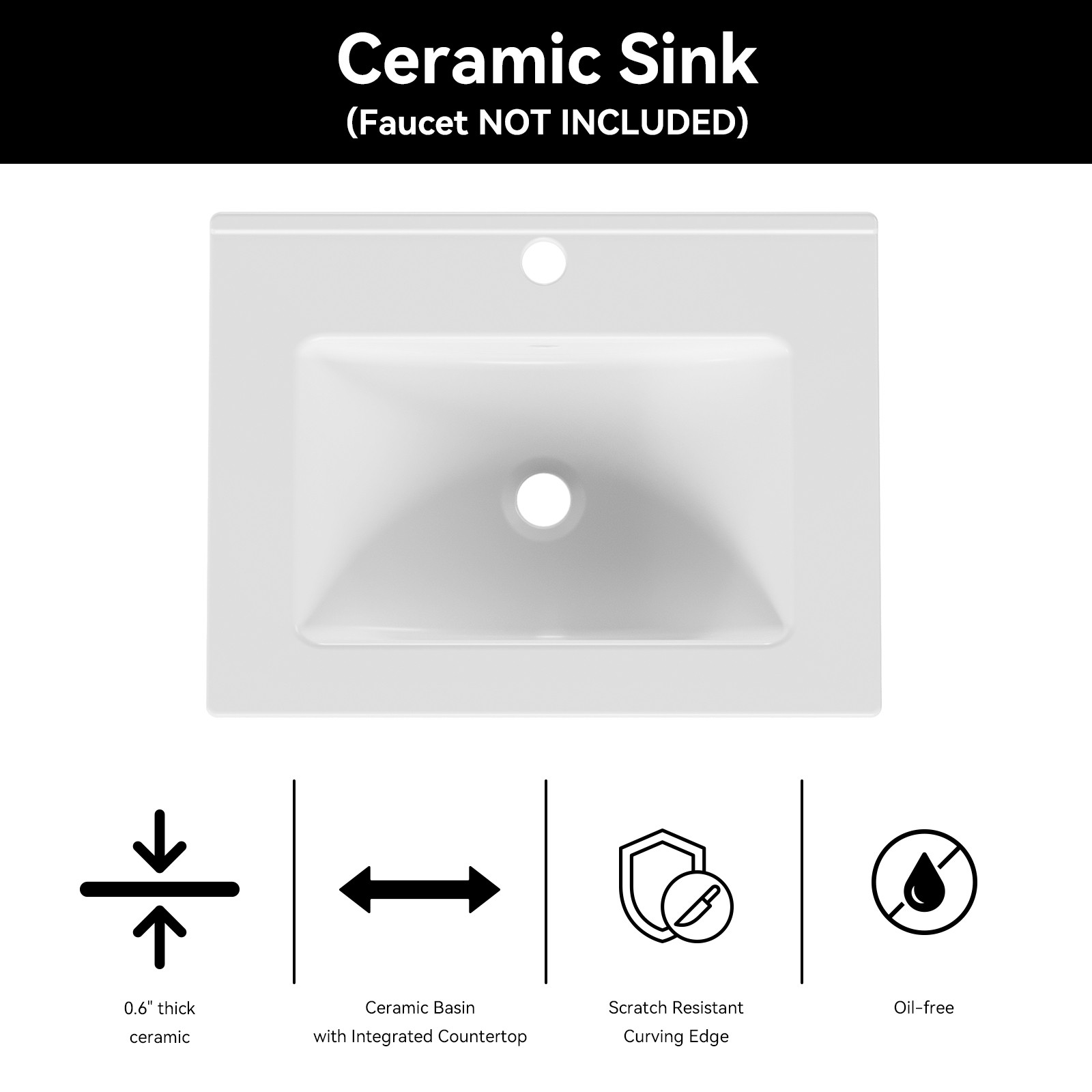 24" Undermount Bathroom Sink, Single Ceramic Bowl, No Faucet, White