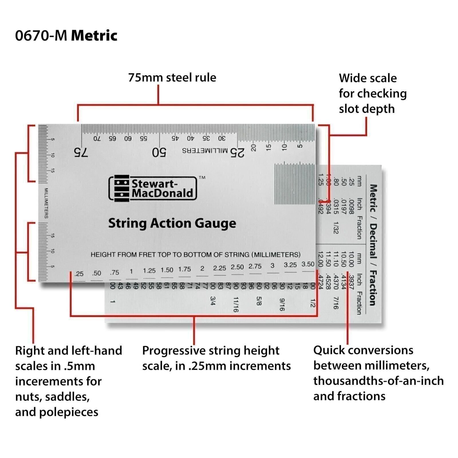 StewMac Precision Fret Tool Trio, Metric – String Action Gauge, Fret Rocker,...