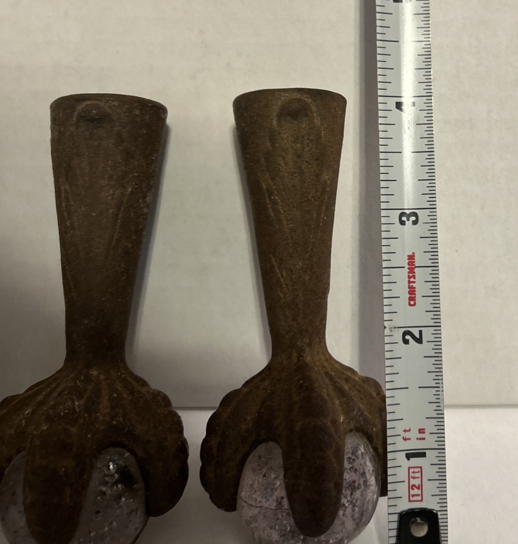 Set of 4 Vintage Art Deco Cast Iron Glass Claws and Ball Furniture Feet Casters