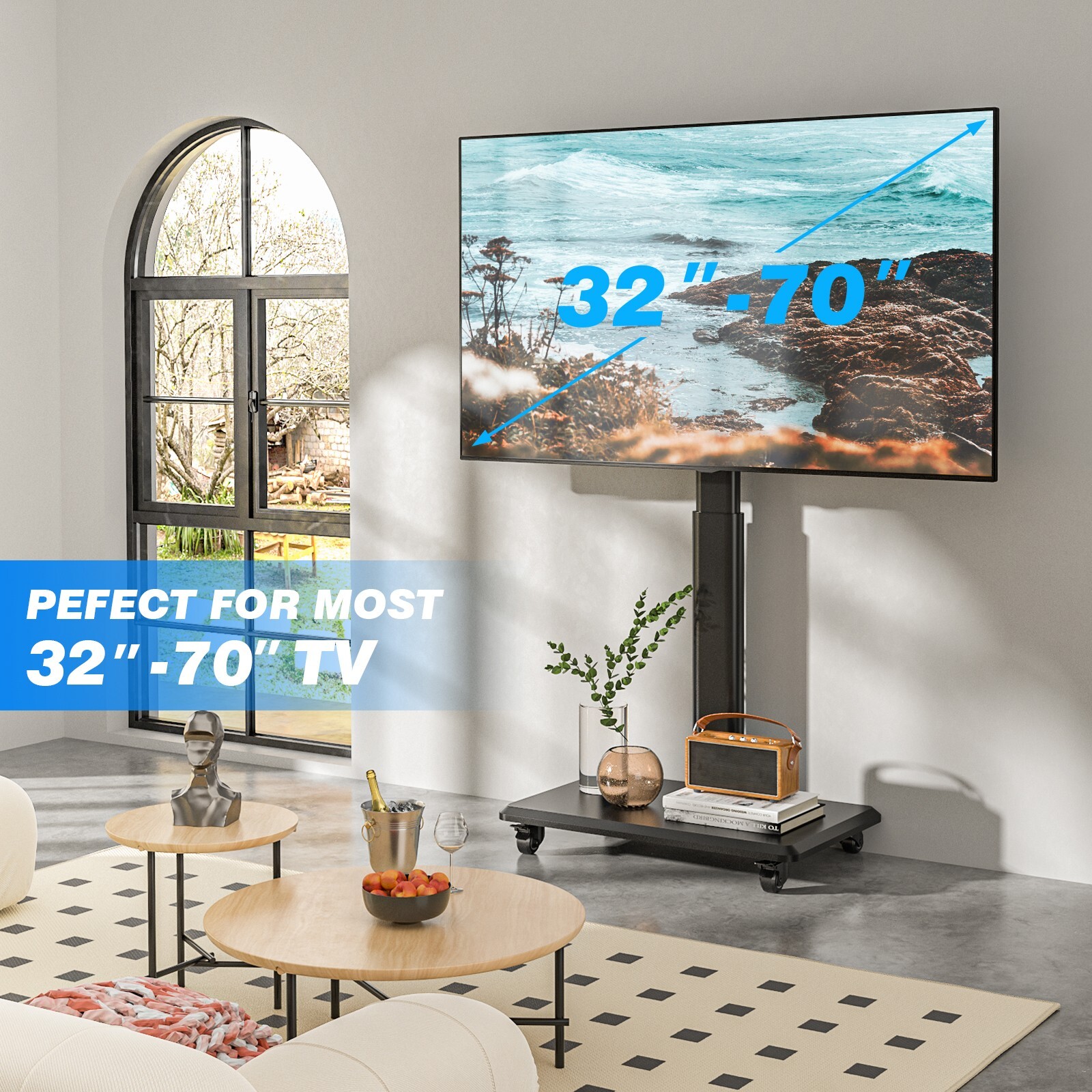 Rolling TV Stand for 32 to 70 Inch TVs,9 Levels of Height & ±30° Swivel Adjusta
