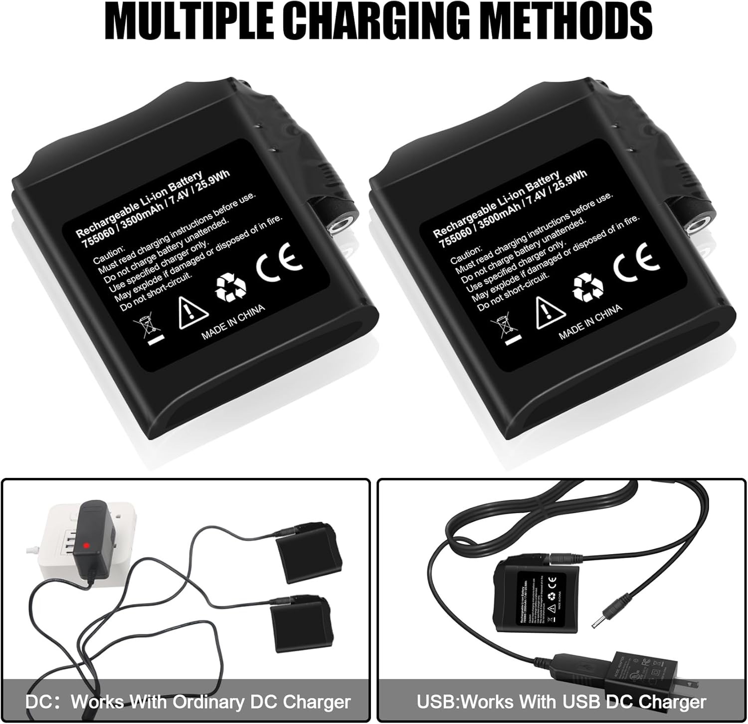 2PACK 7.4V 3500mAh Rechargeable Battery For Heated Gloves Heated Socks Hats