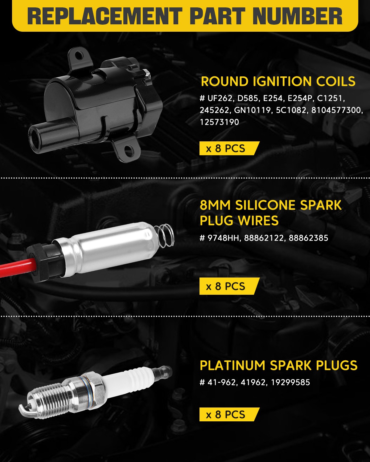 Set of 8 Round Ignition Coil Pack UF262 with Spark Plug and Wires For Chevy GMC