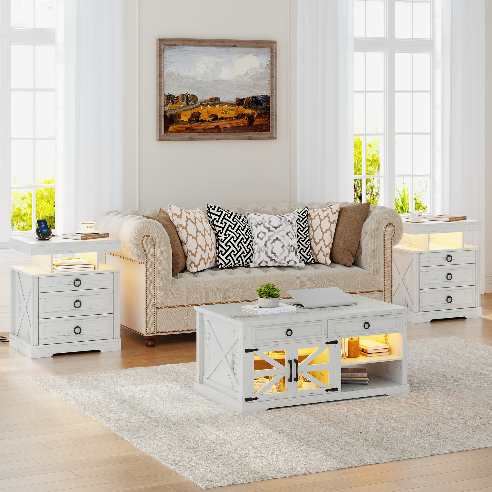 Farmhouse Night Stand with Gun Drawer, LED NightStand with Light & Human Sensor