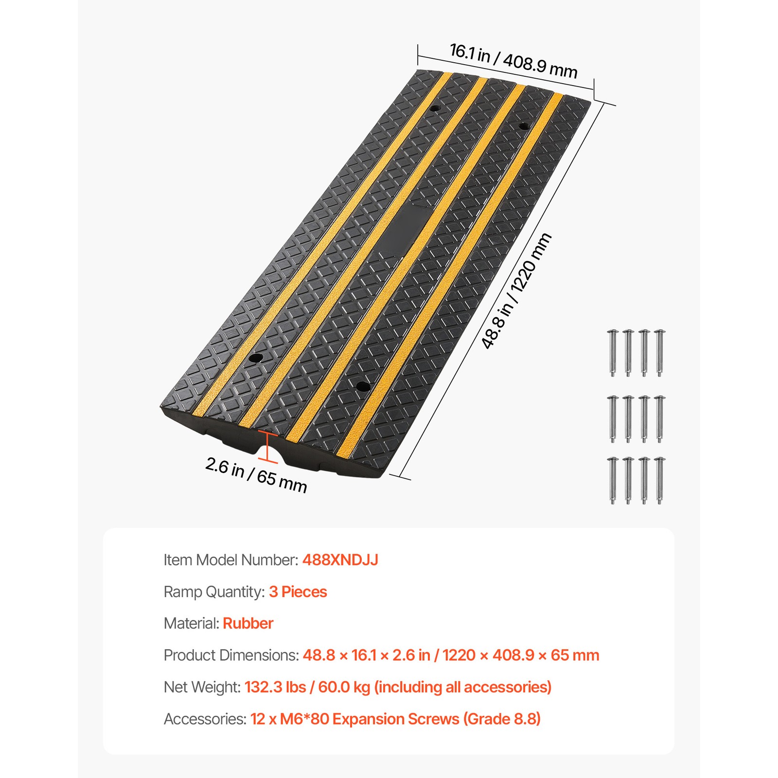 Uimoso 3-Piece Rubber Driveway Ramp Set, 2.6-Inch Rise, 33,069 lbs Capacity