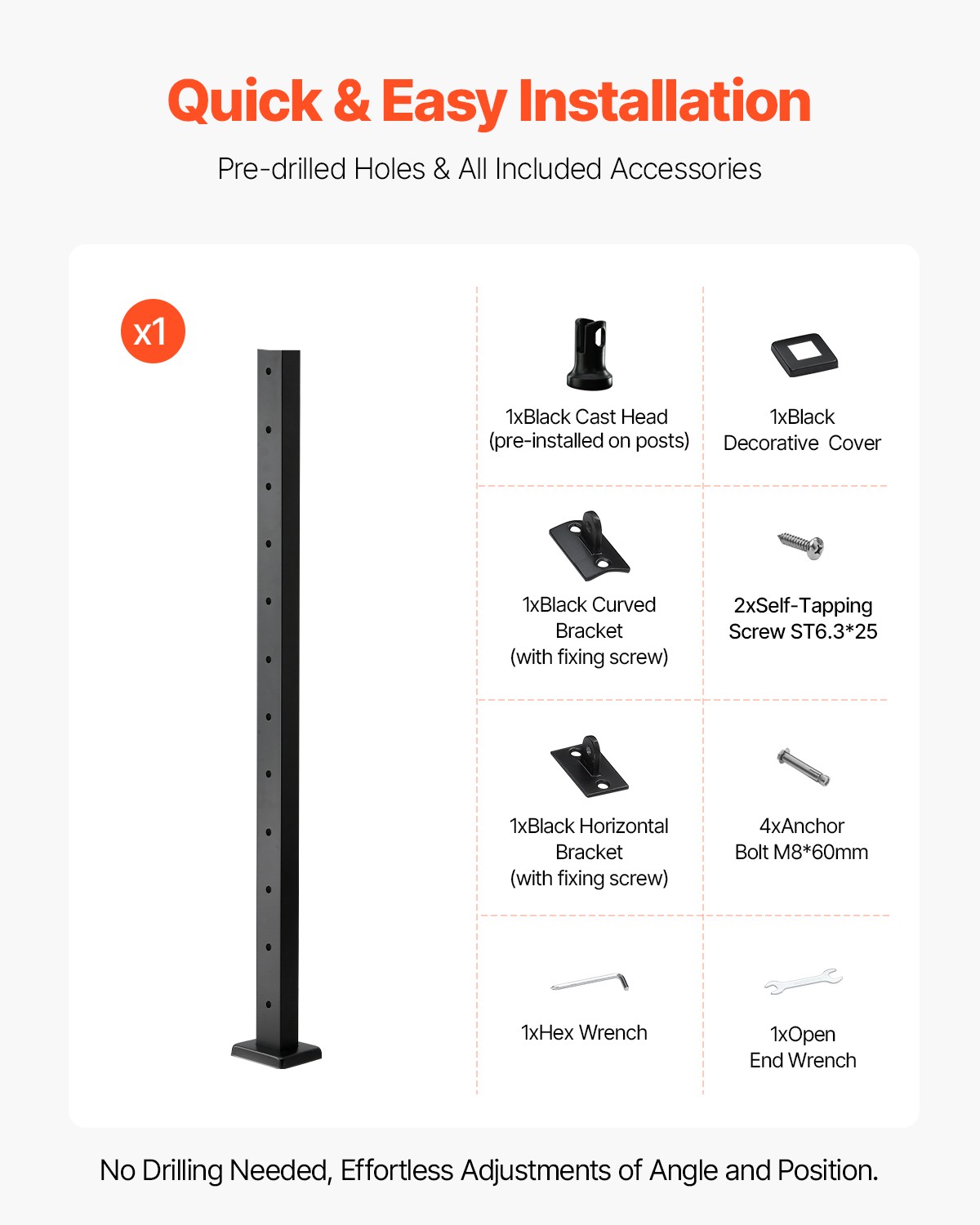 VEVOR Cable Railing Post 42x2x2 In with Pre-Drilled Holes 1JZLGZXHS106AWJO6001V0