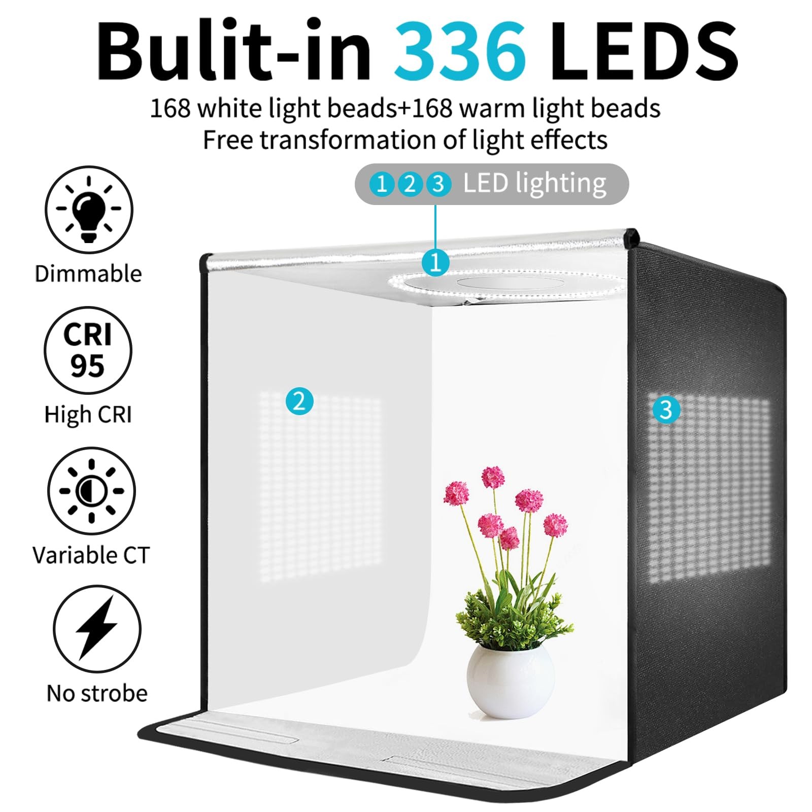 Pro 24"x24" Photo Studio Light Box 3-Side Light Panel/3-Temp/Dimmable 10%-100...