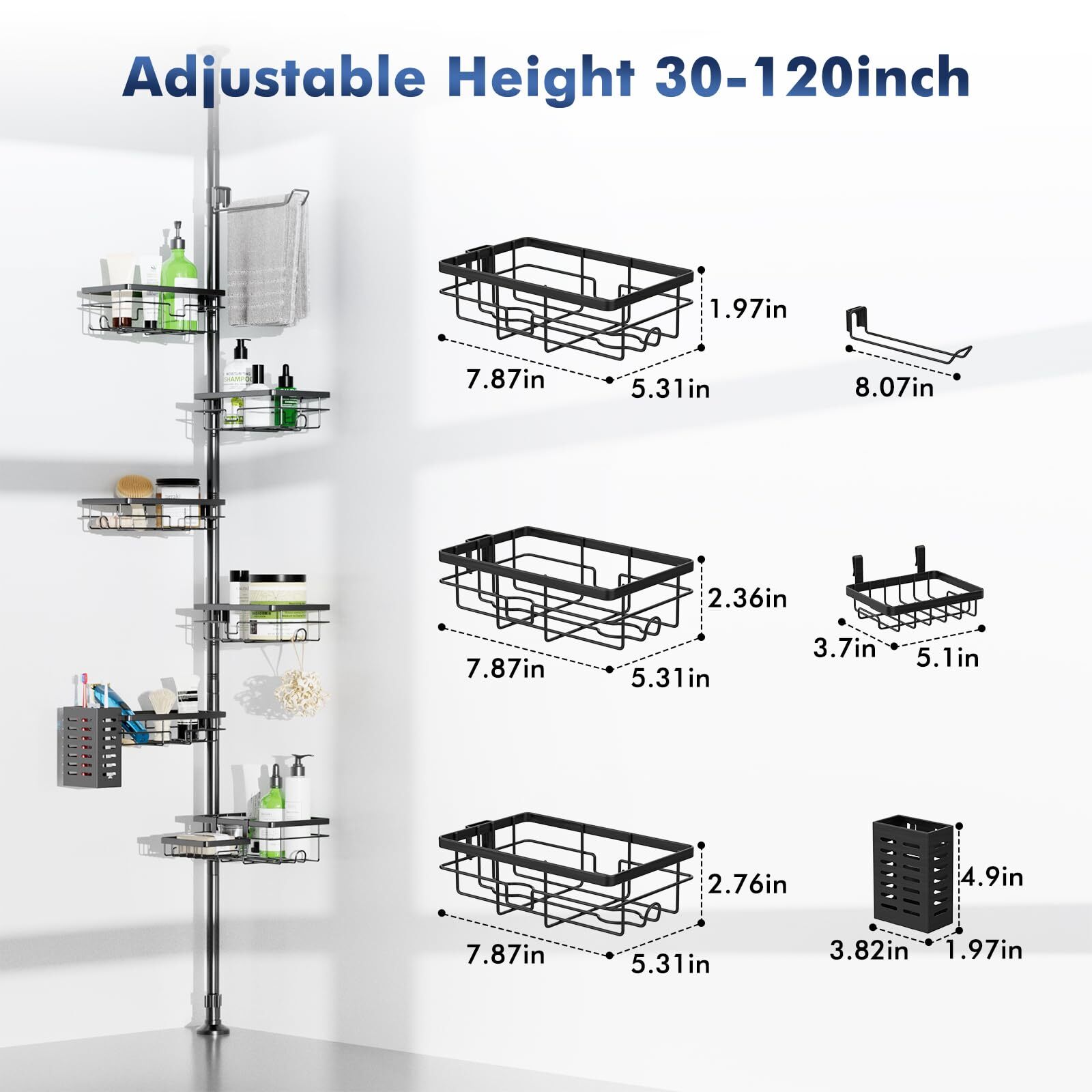 7-Tier Shower Caddy Organizer Tension Pole, Rustproof Corner Shelf for Bathroom