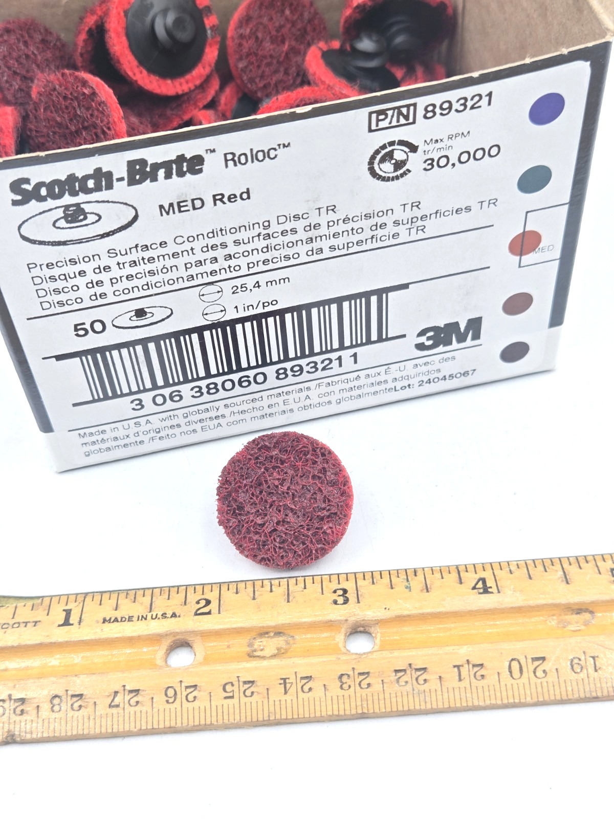 50/Box 3M 1” Scotch-Brite ROLOC 89321 Medium Red Precision Conditioning Disc