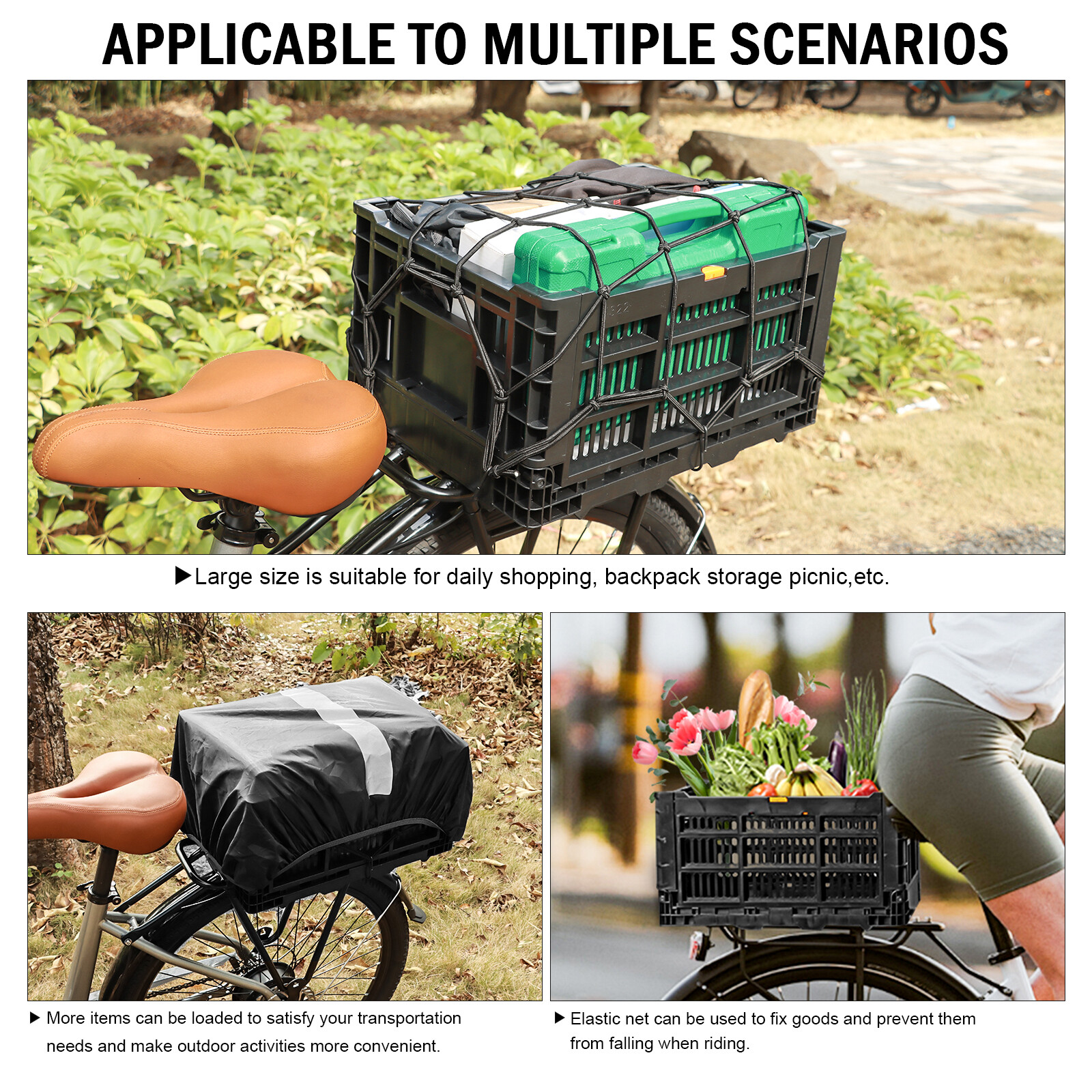 Bike Basket Rear 35L Large Capacity Foldable Bike Storage for Shopping Outings