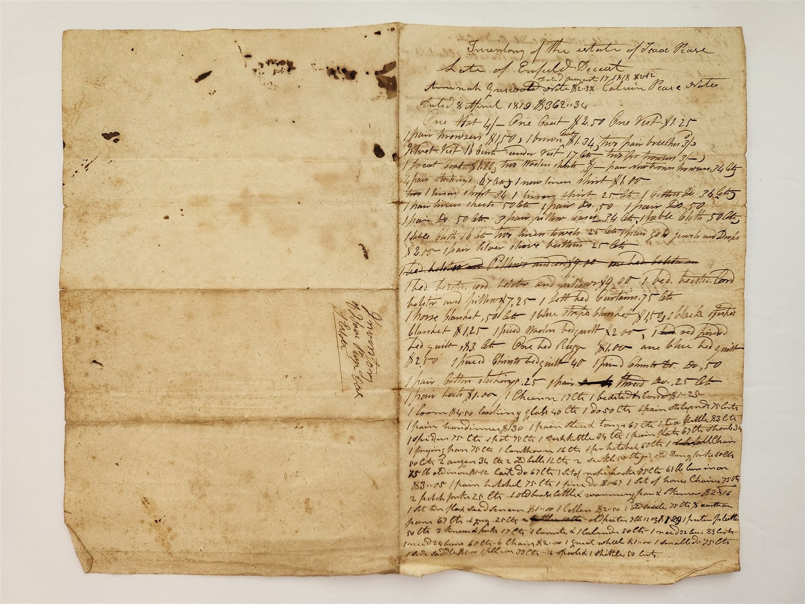 1819 antique ESTATE INVENTORY enfield ct ISAAC PEASE probate household goods