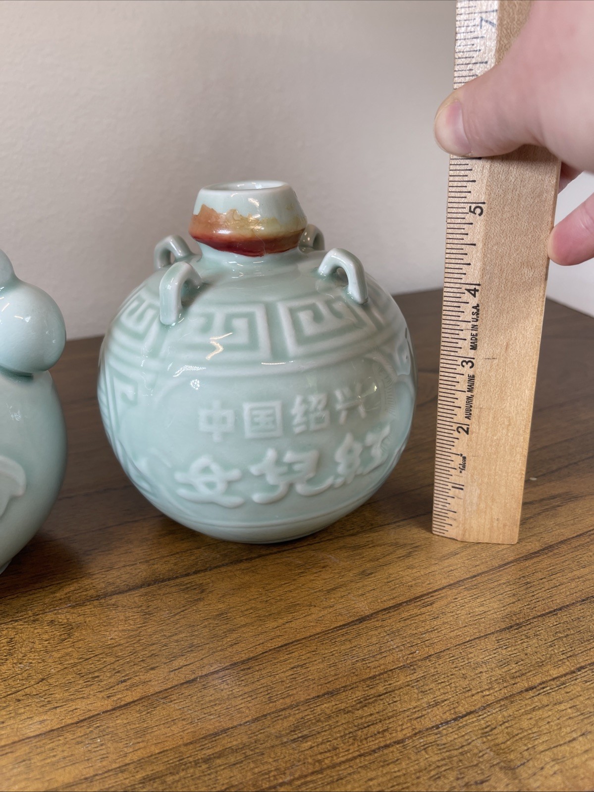 (2) Vtg Rice Wine Gourd Shaped Ceramic Pottery Bottles Empty Celadon Glaze