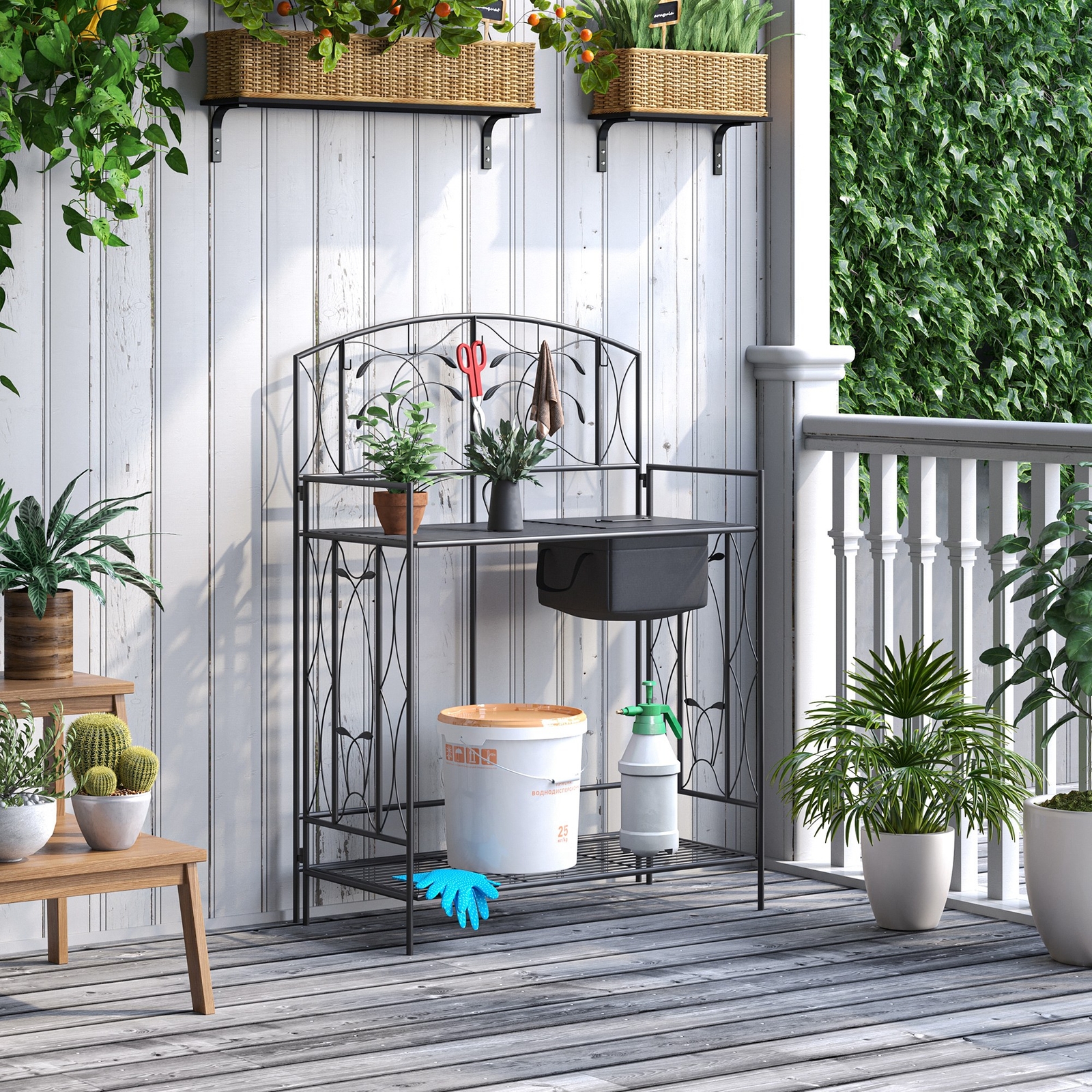 Garden Metal Potting Table Planting Bench Outdoor w/ Bag, Hook