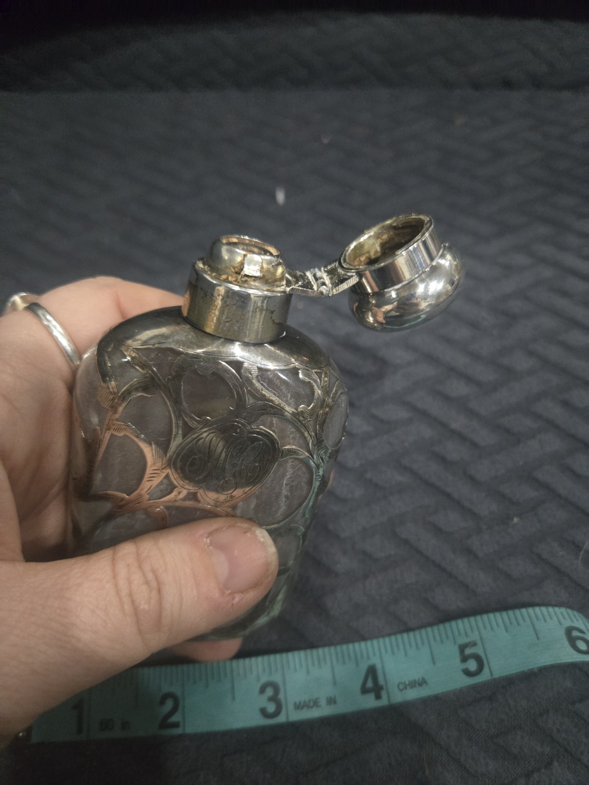 U23143 ANTIQUE Overlay STERLING Small FLASK With Engraved Initials G2U