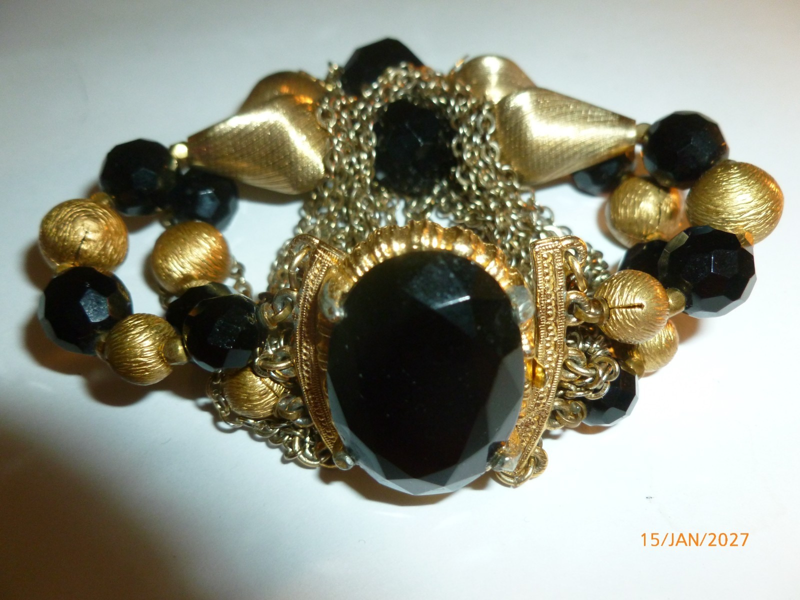 Vintage Black Faceted Rhinestone Gold Tone Bon Bons Chains Bracelet 7" Quality