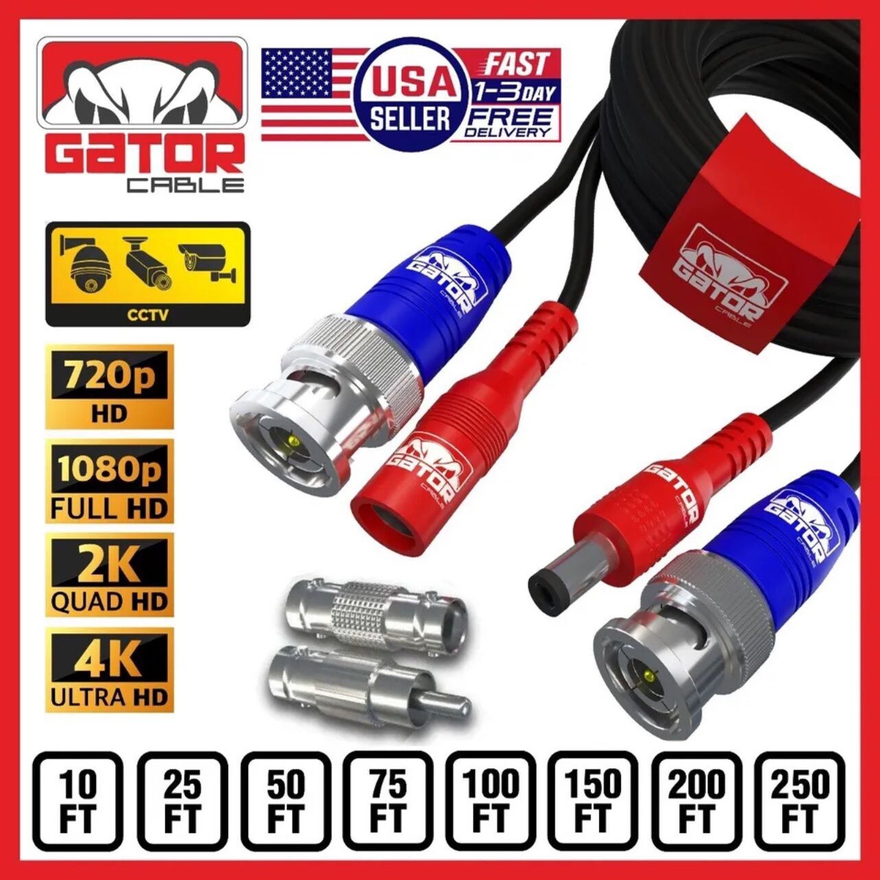 CCTV BNC Video Power Extension Cable For Security Camera DVR System HD