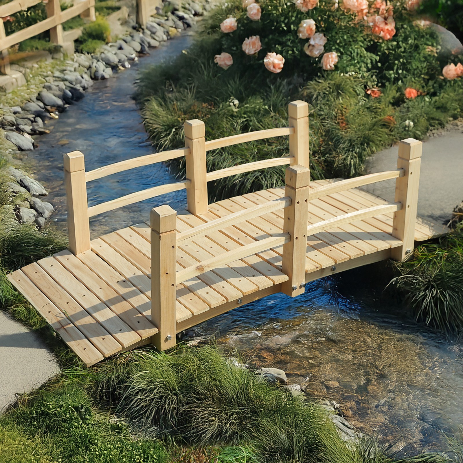 5Ft Garden Bridge Yard Decoration Wooden Arch Bridge Outdoor Pond w/ Railings