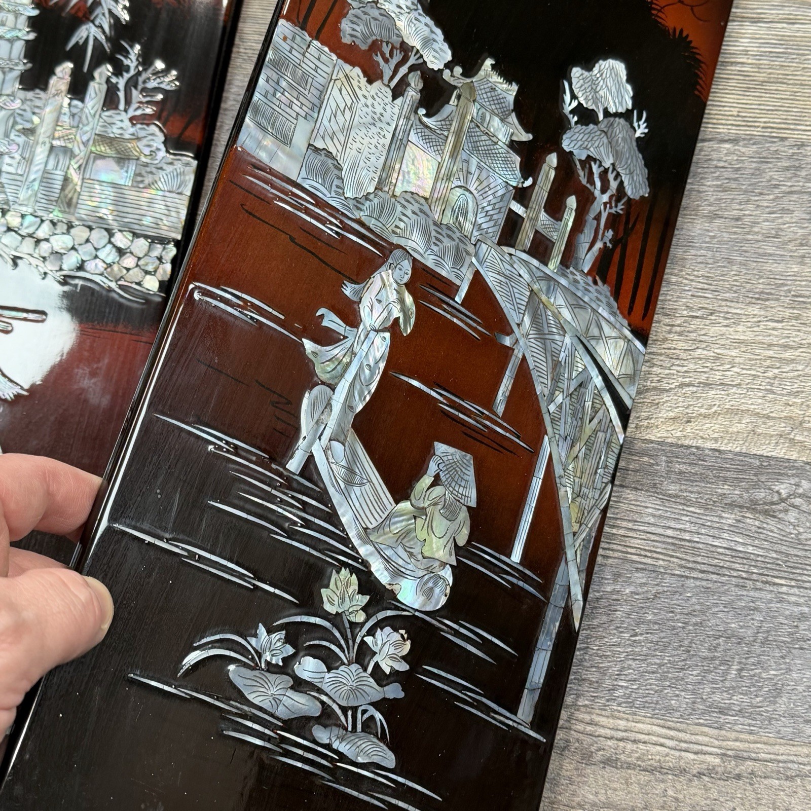 3 Vintage Asian Mother of Pearl Inlay Red Lacquer Wall Panels Village Landscape