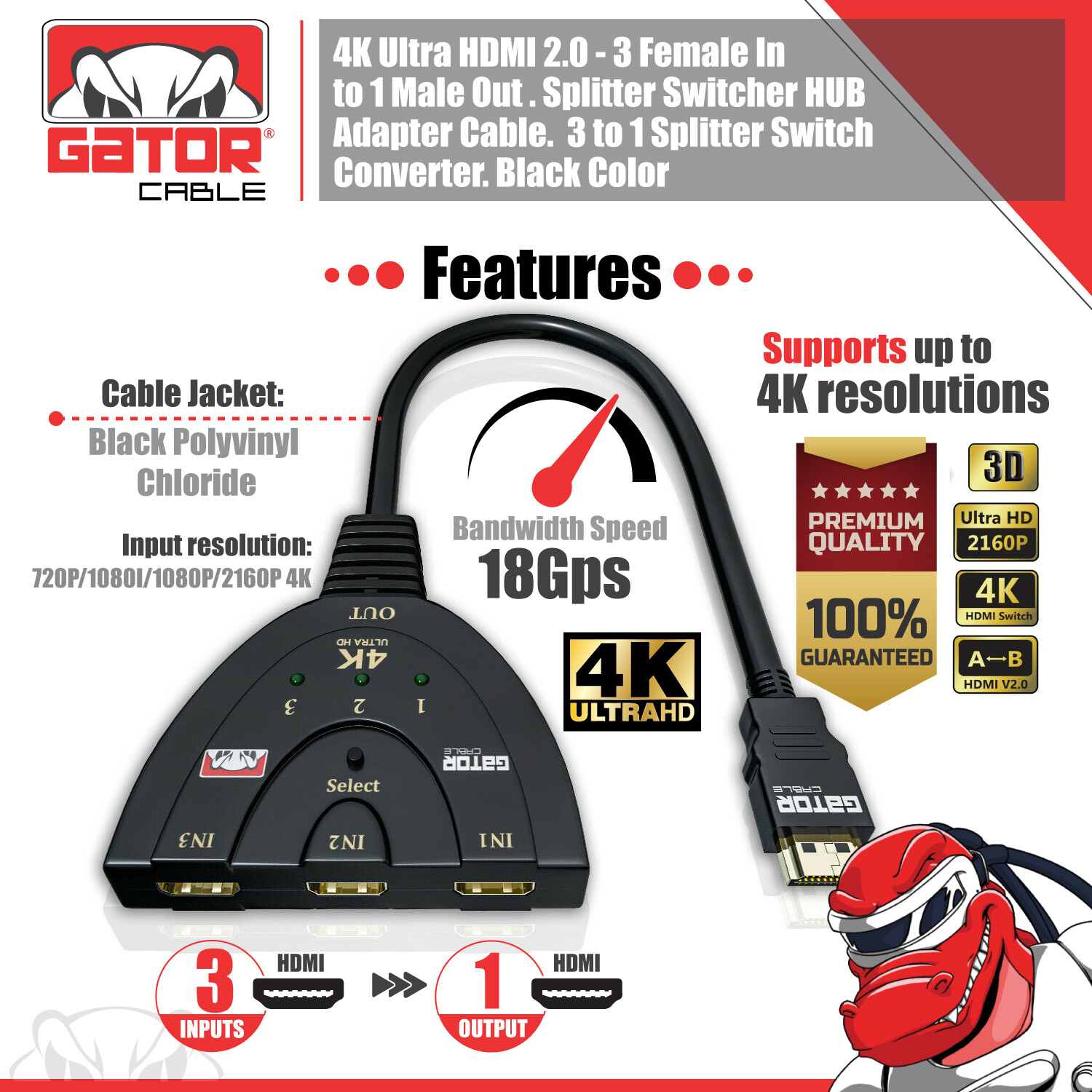 4K HDMI 2.0 Cable Auto Switch Switcher Splitter Adapter 3 In to 1 Out Devices