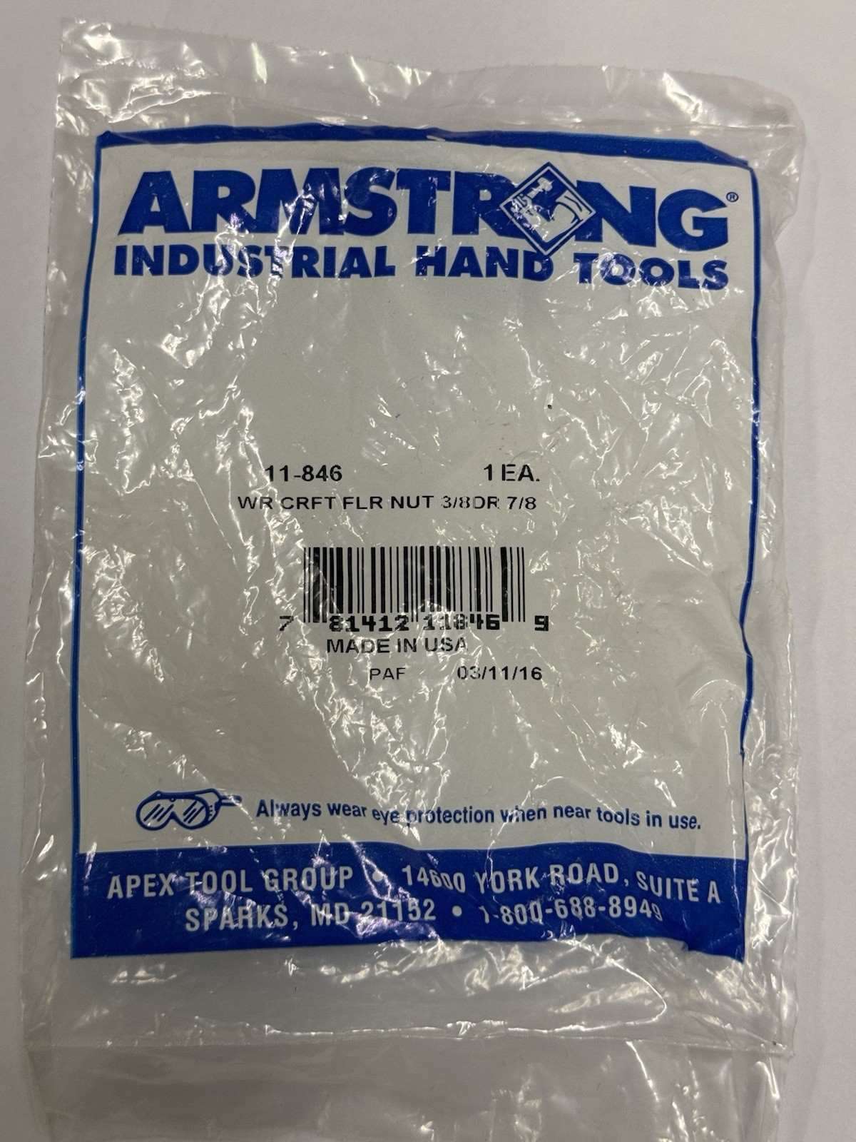 Armstrong 11-846 7/8” Flare Nut Crowfoot Open End Wrench 3/8” Drive