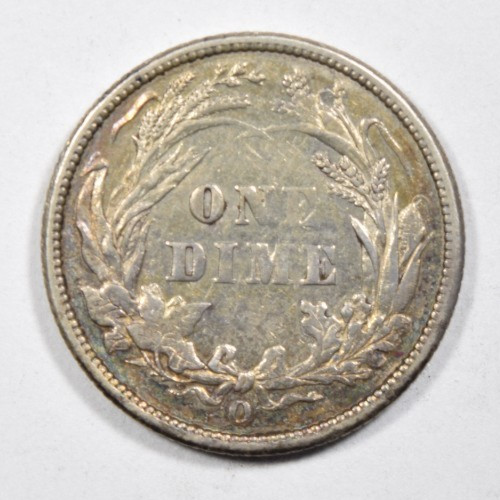 1893-O BARBER DIME ~ NICE BLUE/GOLD RIM TONE ! AU/BU ABOUT UNCIRCULATED SLIDER!