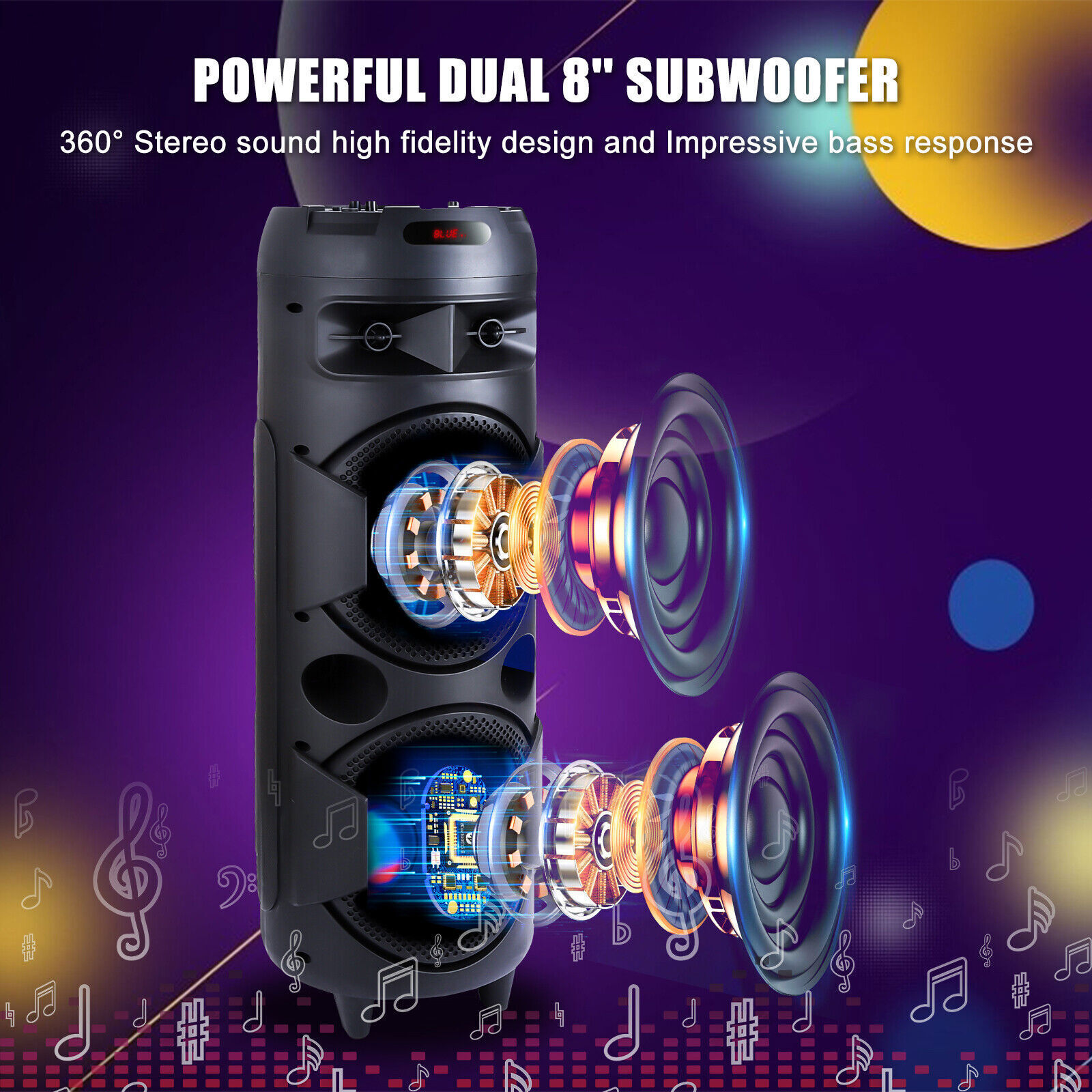 5000W Dual Subwoofer Bluetooth Speaker Portable Party FM Karaok DJ LED AUX + Mic