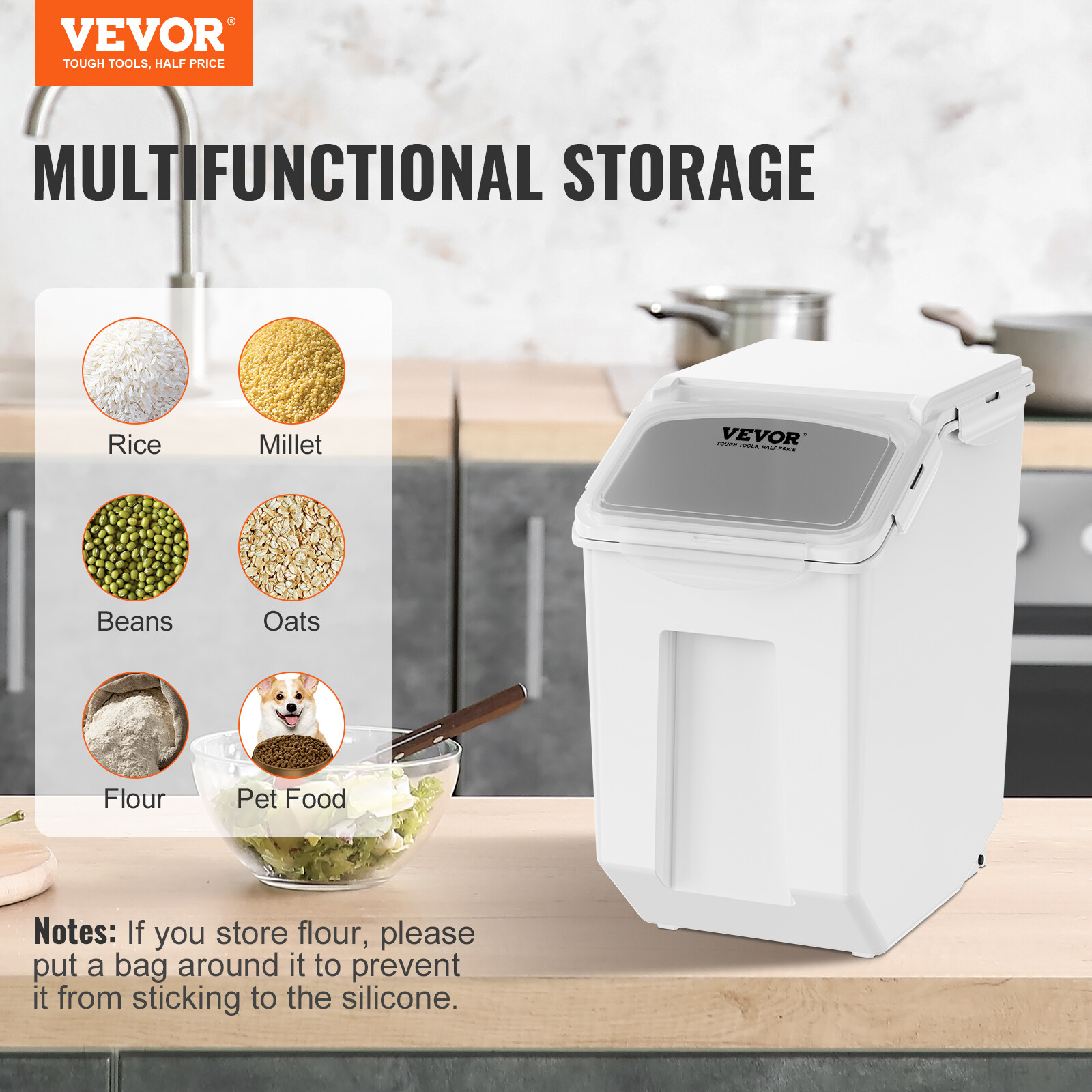 VEVOR 2x15L Ingredient Storage Bin Dog Pet Food Storage Container On Wheel w/Cup