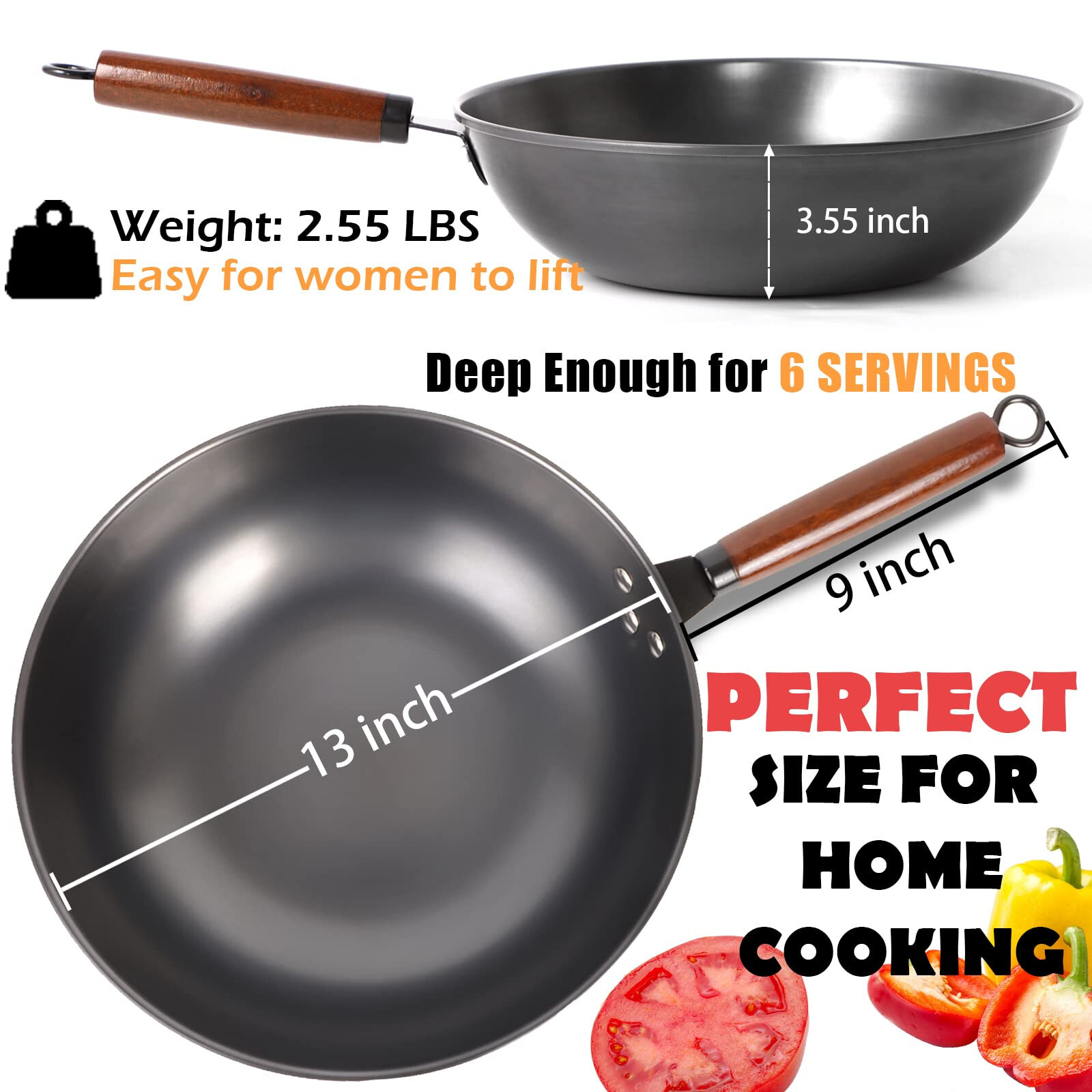 Carbon Steel Wok Pan with Lid Spatula Nitrided Nonstick Anti-rust for All Stoves