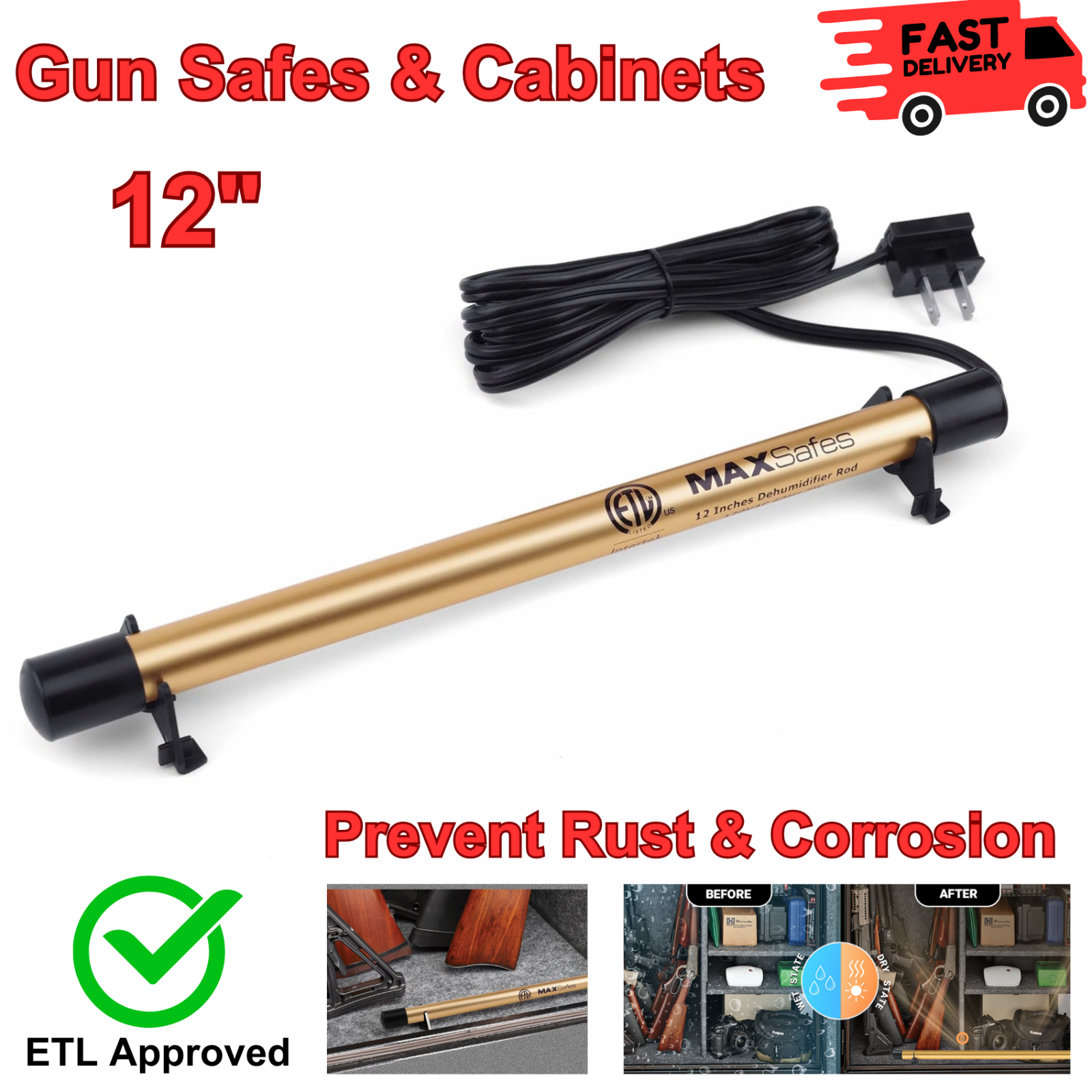 Gun Safe Dehumidifier Rod 12" Dry Golden Rod Helps Prevent Rust & Corrosion Plug