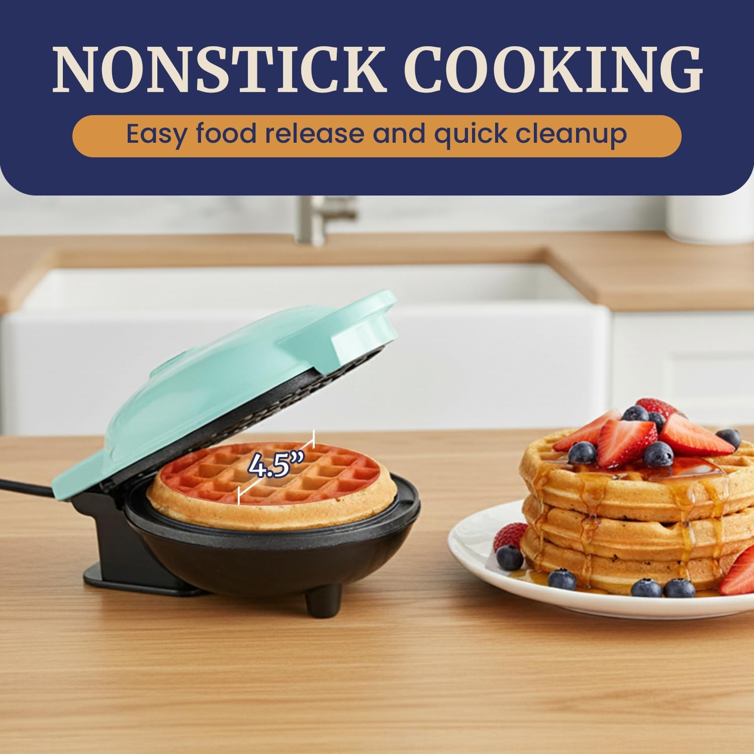 "Electric Mini Waffle Maker 4.5"" Nonstick Belgian Waffles Hash Browns Mint"