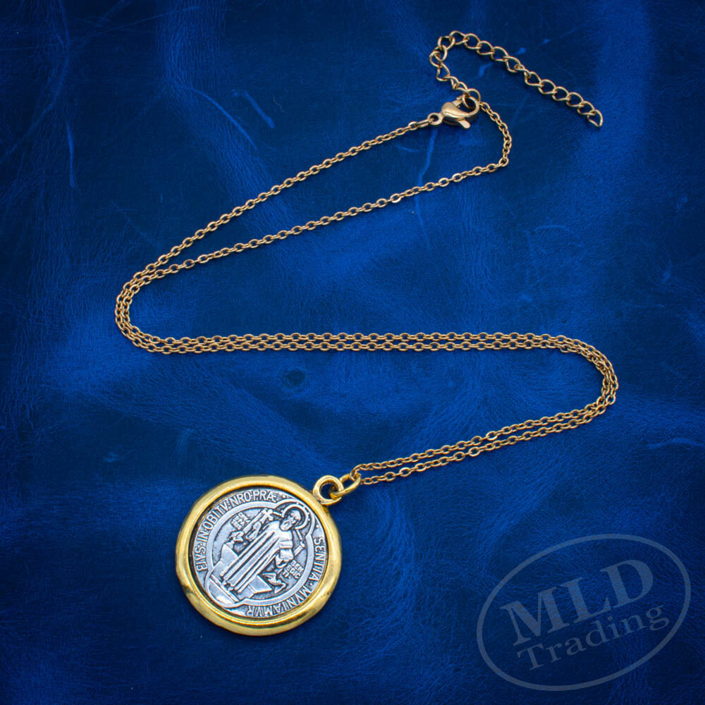Saint St Benedict Medal Pendant Necklace: Silver w/ Gold Border, 1", 18" Chain