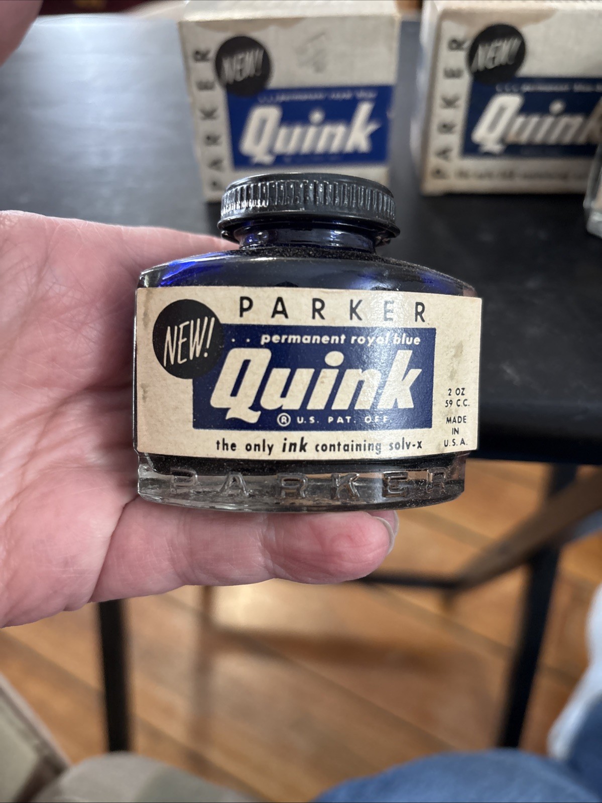 2 Parker Quink Vintage Blue Black & Royal Blue Fountain Pen Ink NOS Full New 50s