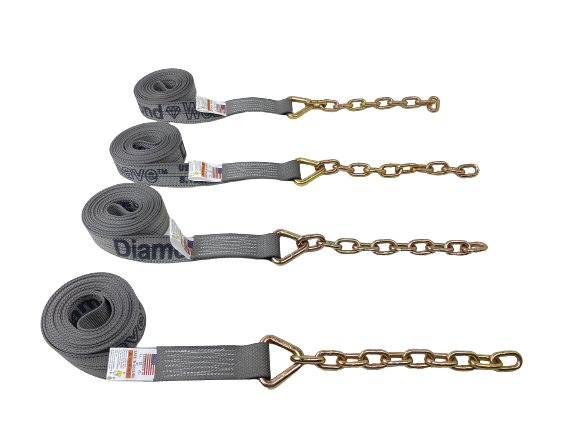 8 pt Kit 18' Grey Diamond Weave Rollback / Flatbed Car Tie-Downs w/ Chain Tails