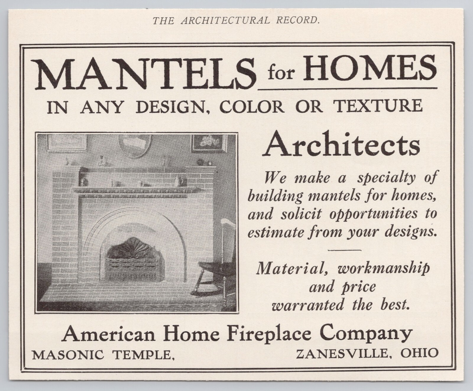 1910 American Home Fireplace Co. mantels Zanesville Ohio Vintage Print Ad