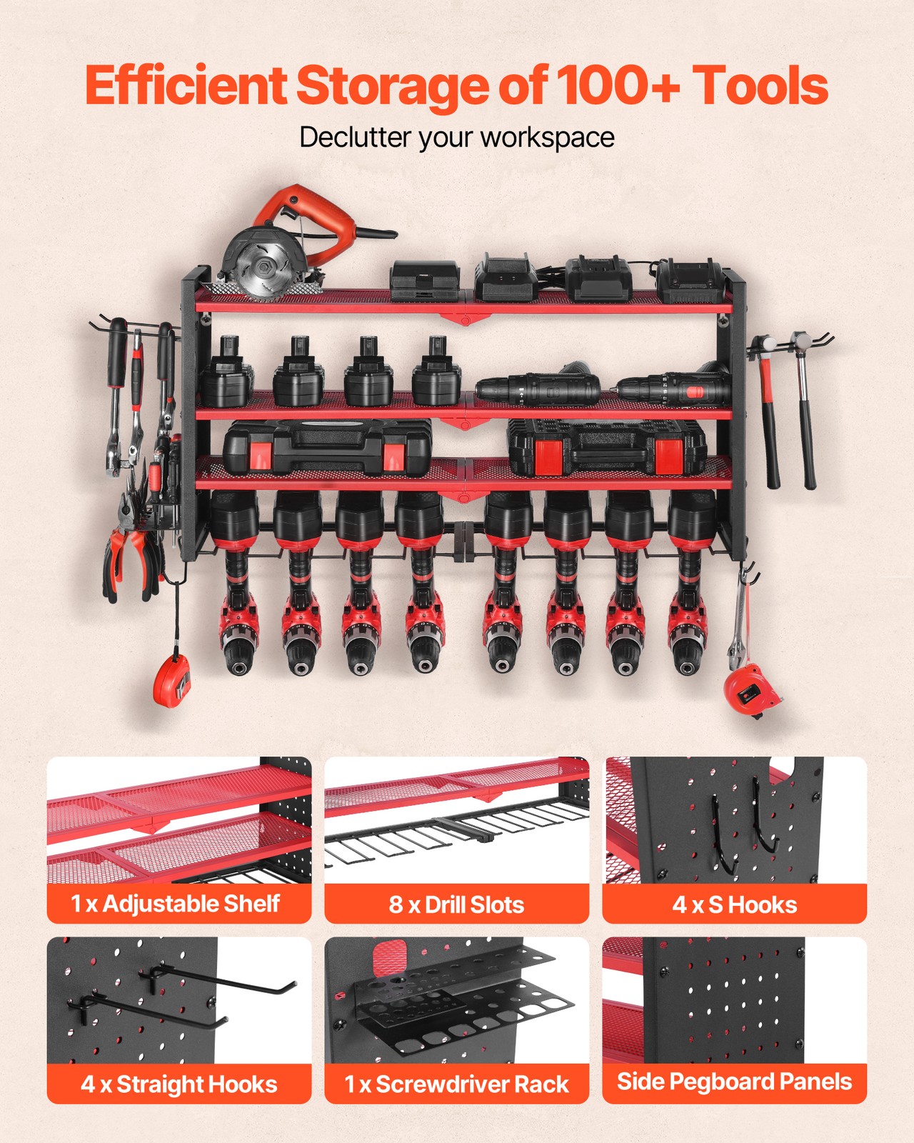 VEVOR Power Tool Organizer Wall Mount 4-Layer Drill Storage Rack 8 Drill Holders