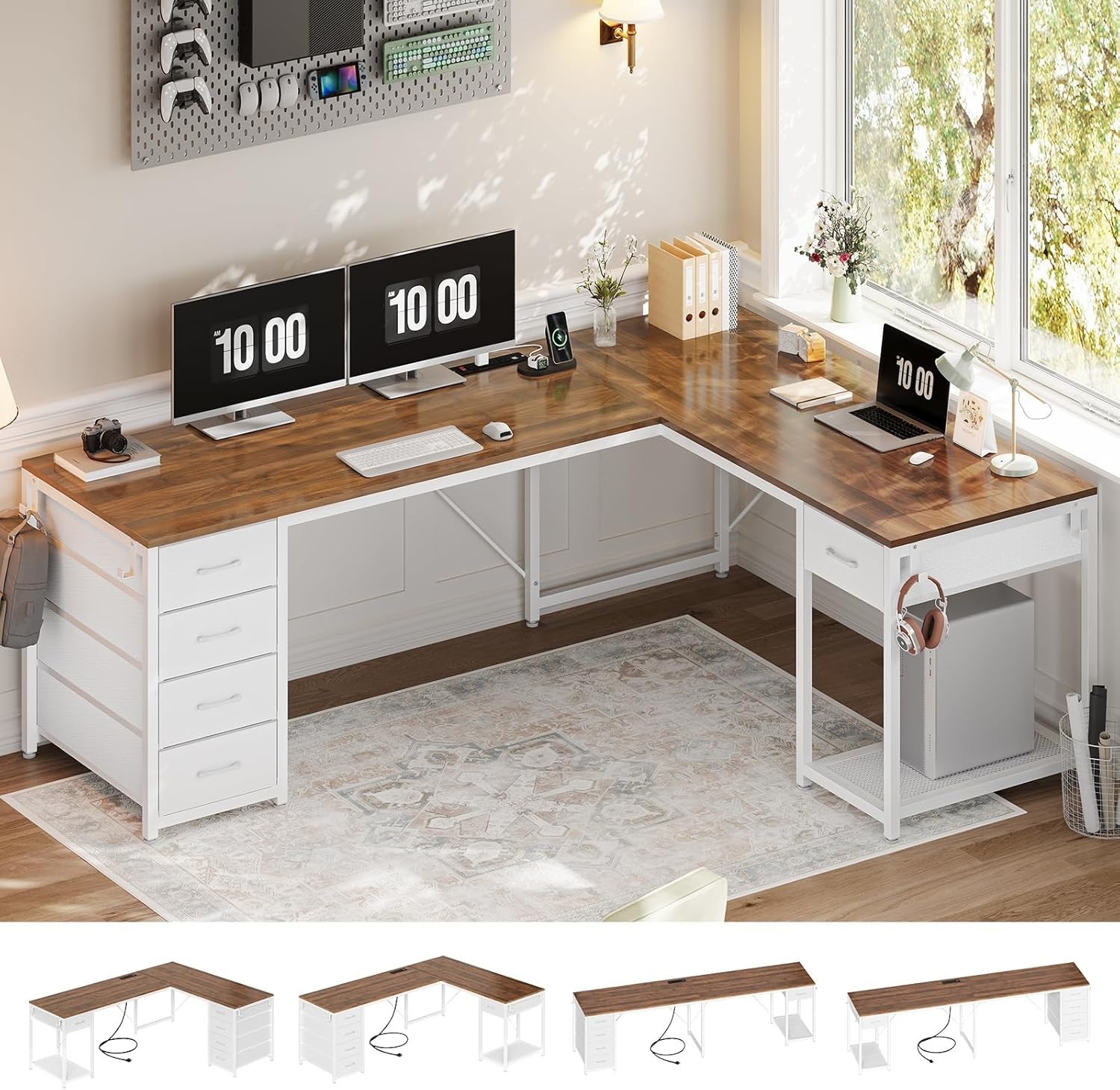 L Shaped Computer Desk with 5 Drawers Modern Reversible 78.7" Long 2 Person Desk