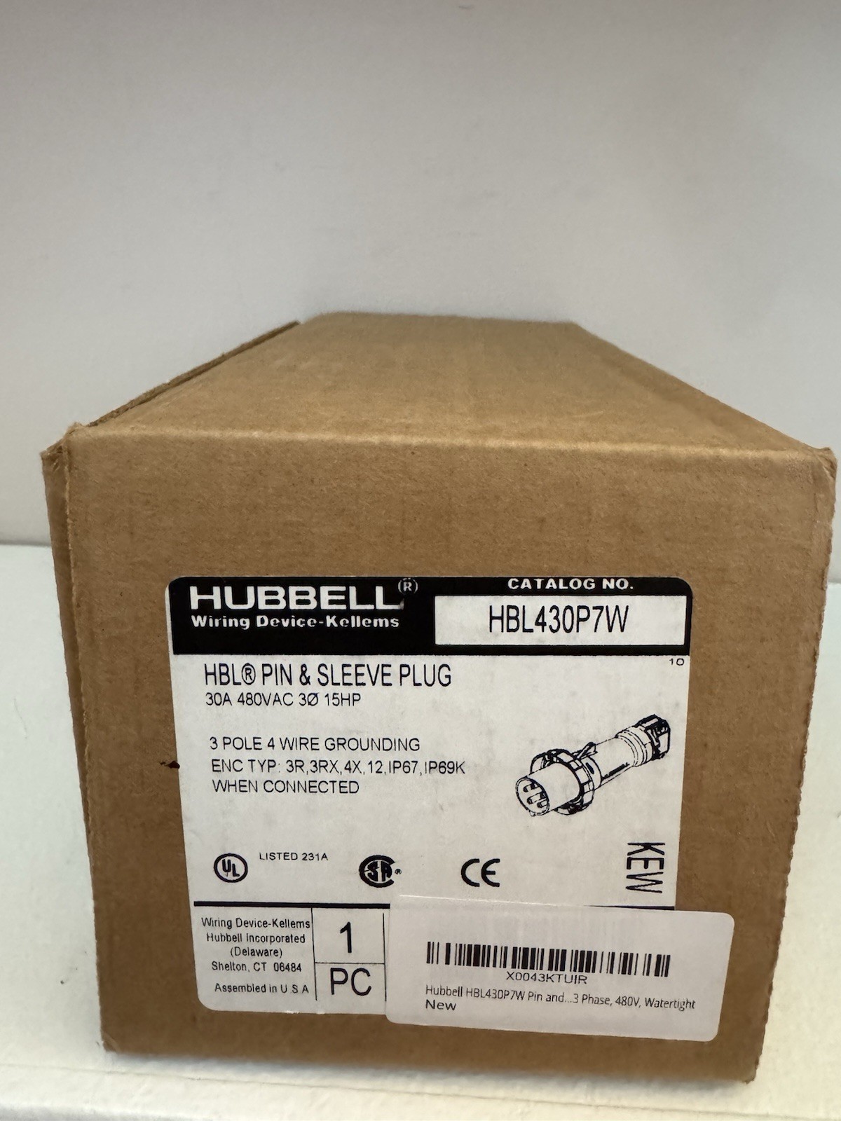 Hubbell HBL430P7W Pin and Sleeve Plug Watertight 30A 480VAC