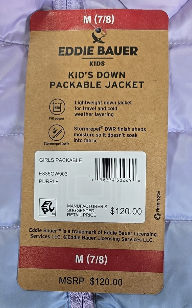 NWT: Girl's Eddie Bauer Down Packable Jacket - 2 Colors/4 Sizes to Choose From!