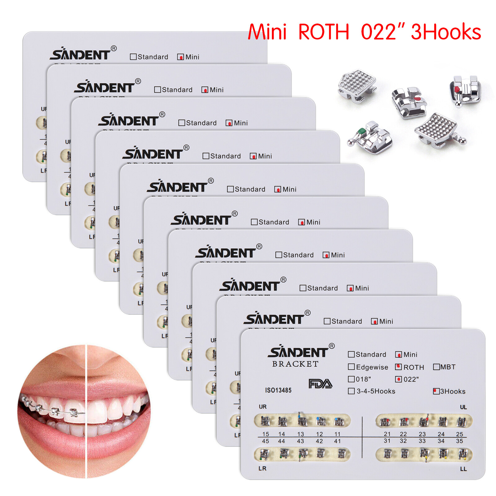 10 Packs SANDENT Dental Orthodontic Brackets Braces Mini Roth 022"Slot 3 Hooks
