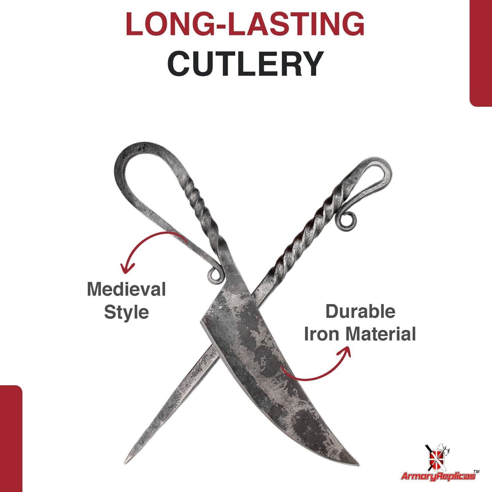 Forged Iron Functional Outdoor Camping Grilling Skewer & Knife Set w/ Sheath