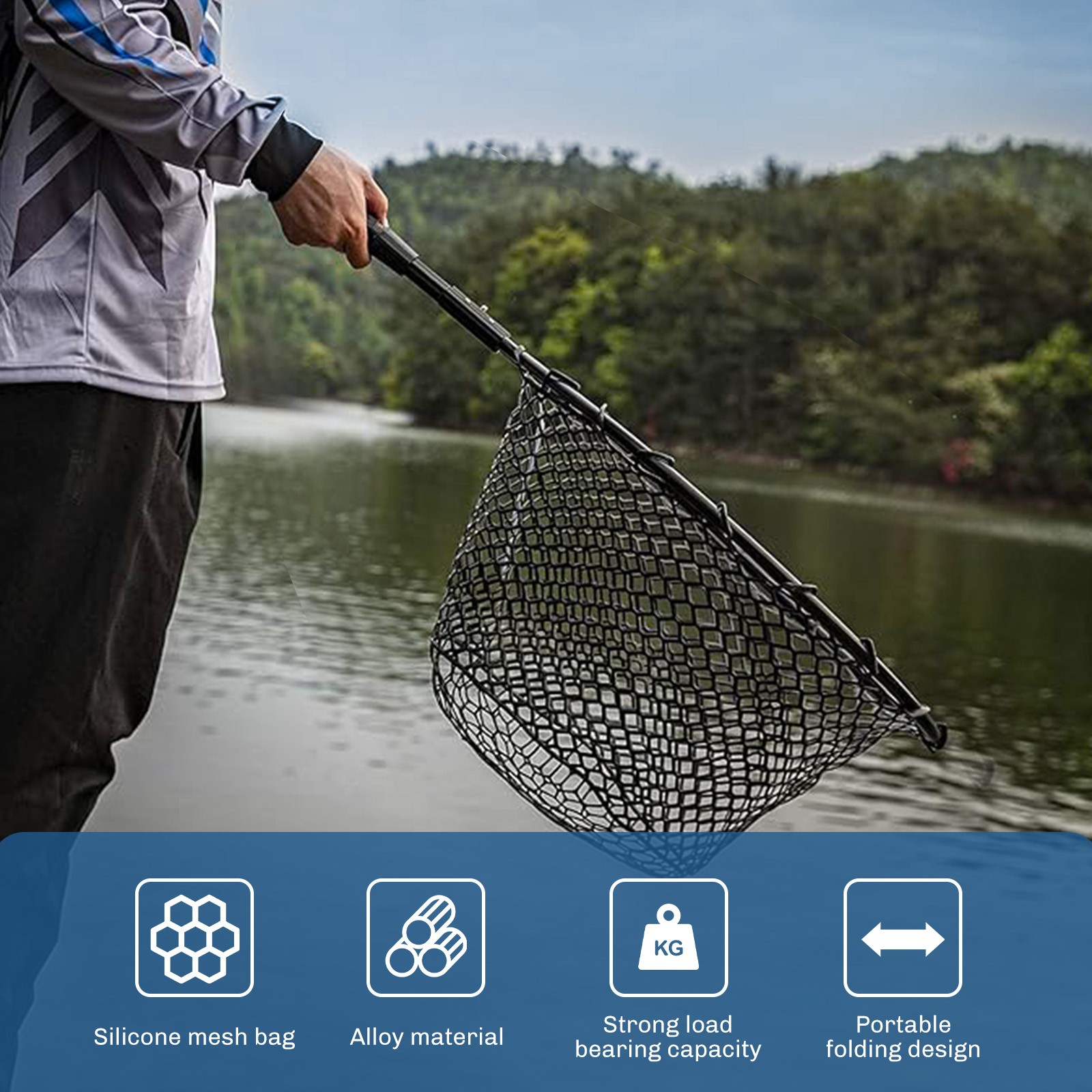 Folding Fly Fishing Landing Net Rubber Safe Catch Release Silicone Fish Nets