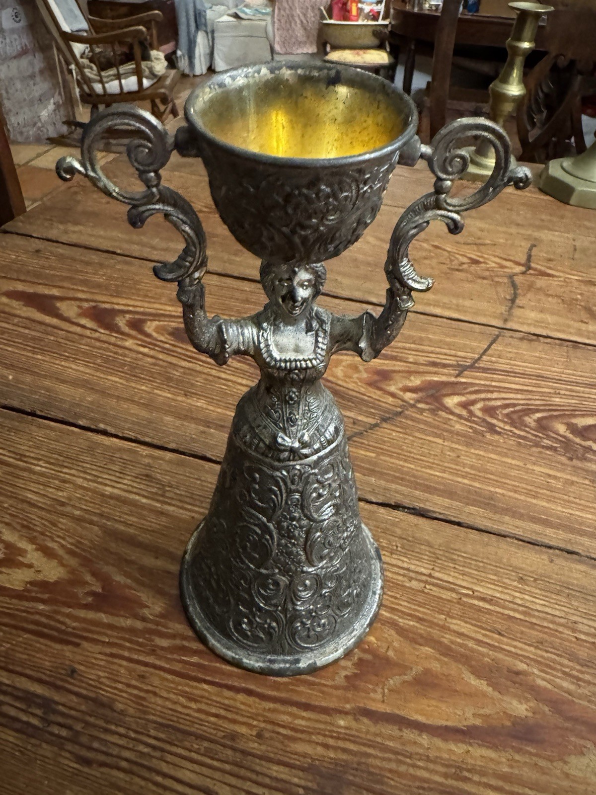 Antique Silver Plate Gold Wash German Bride and Groom Wedding Toasting 8.5” Cup