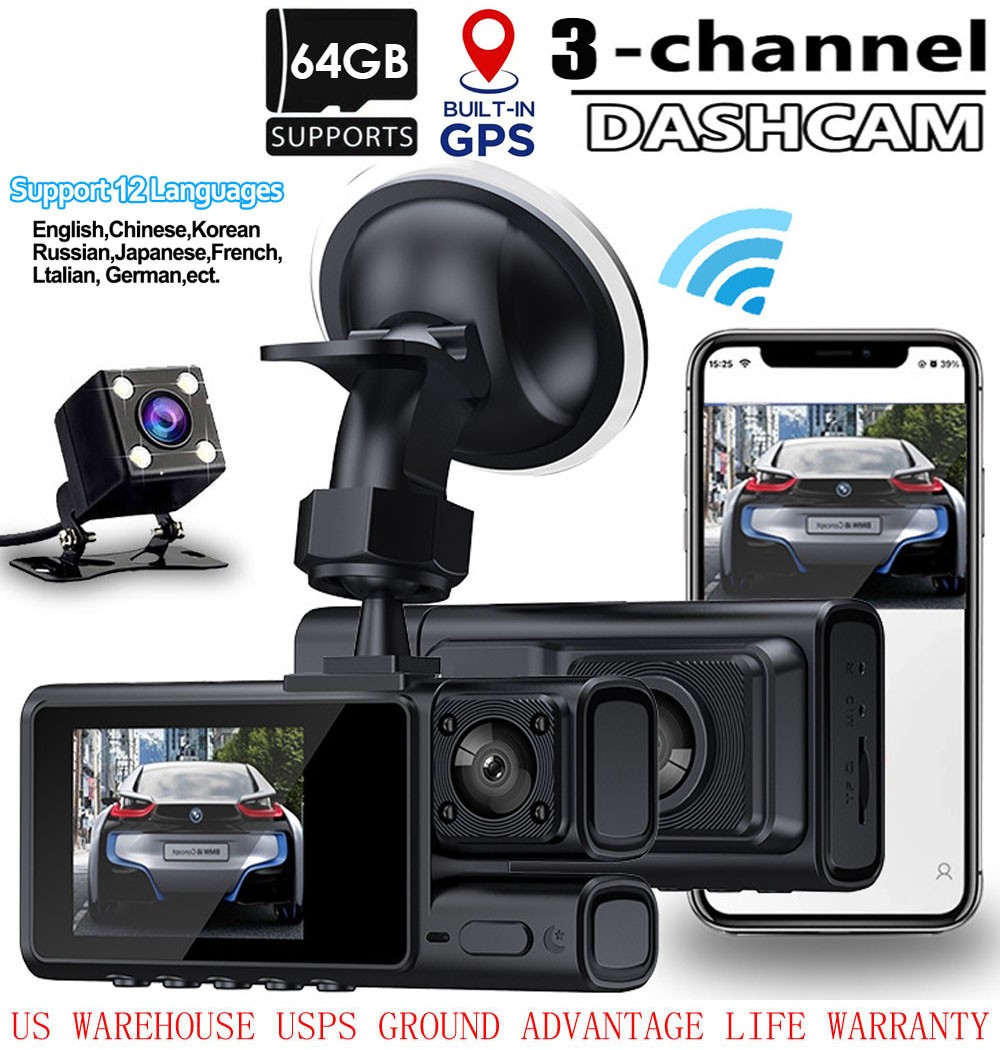 Dashboad Camera Car Camera 3 Channel 1080P Camera Night Vision IPS Screen